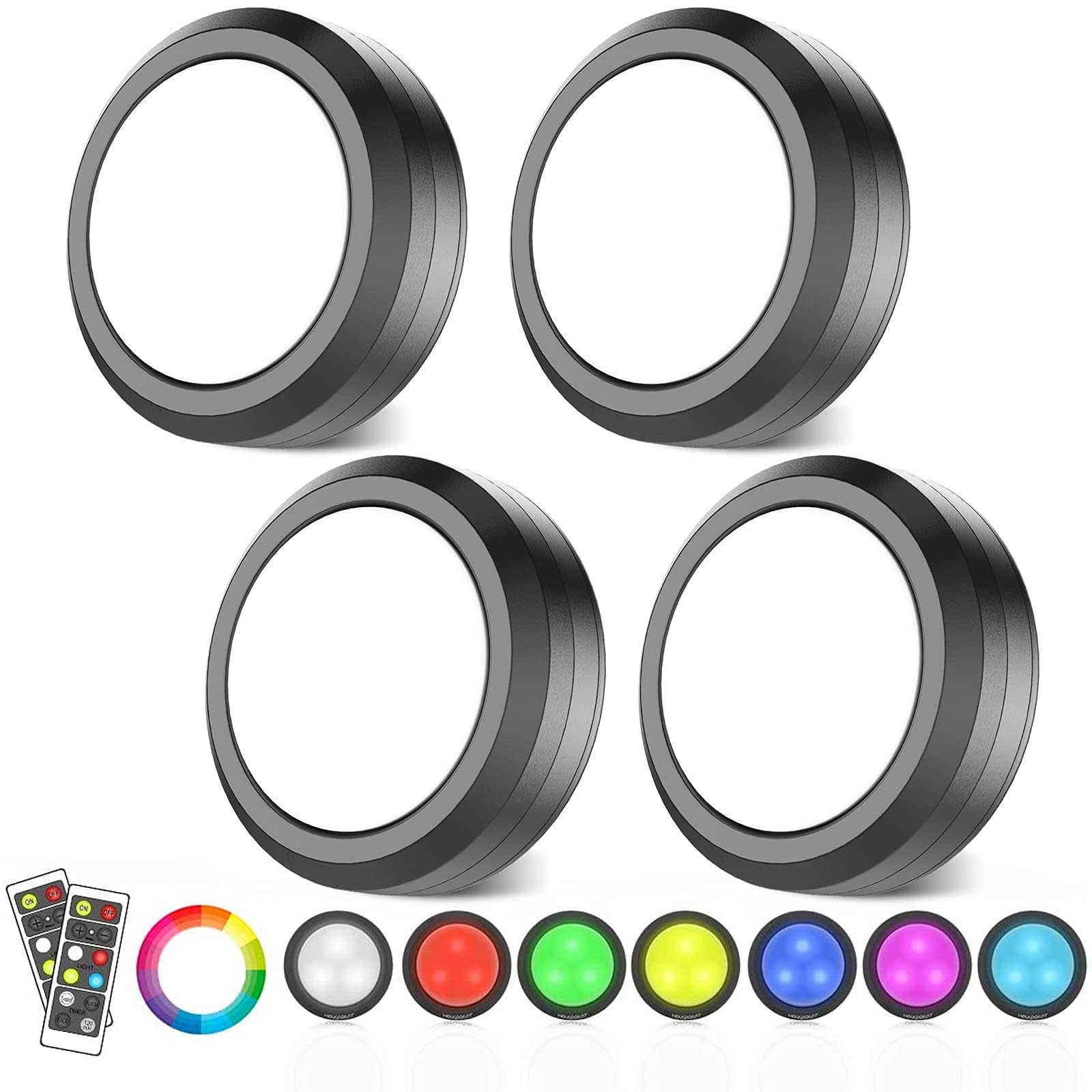 MOUJUCHI Puck Lights, RGB Under Cabinet Lights Wireless LED Lights Battery Operated Under Cabinet Lights Dimmable RGB Night Light with Remote for Kitchen Closet Stair Shelf,4 Pack