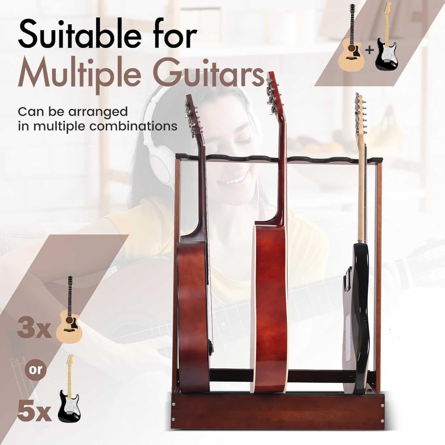 5-Holder Wooden Guitar Stand - Folding Floor Rack for Electric, Acoustic, Bass Guitars & Cases | Hard Beech Wood, Heavy Duty & Stable Display Holder