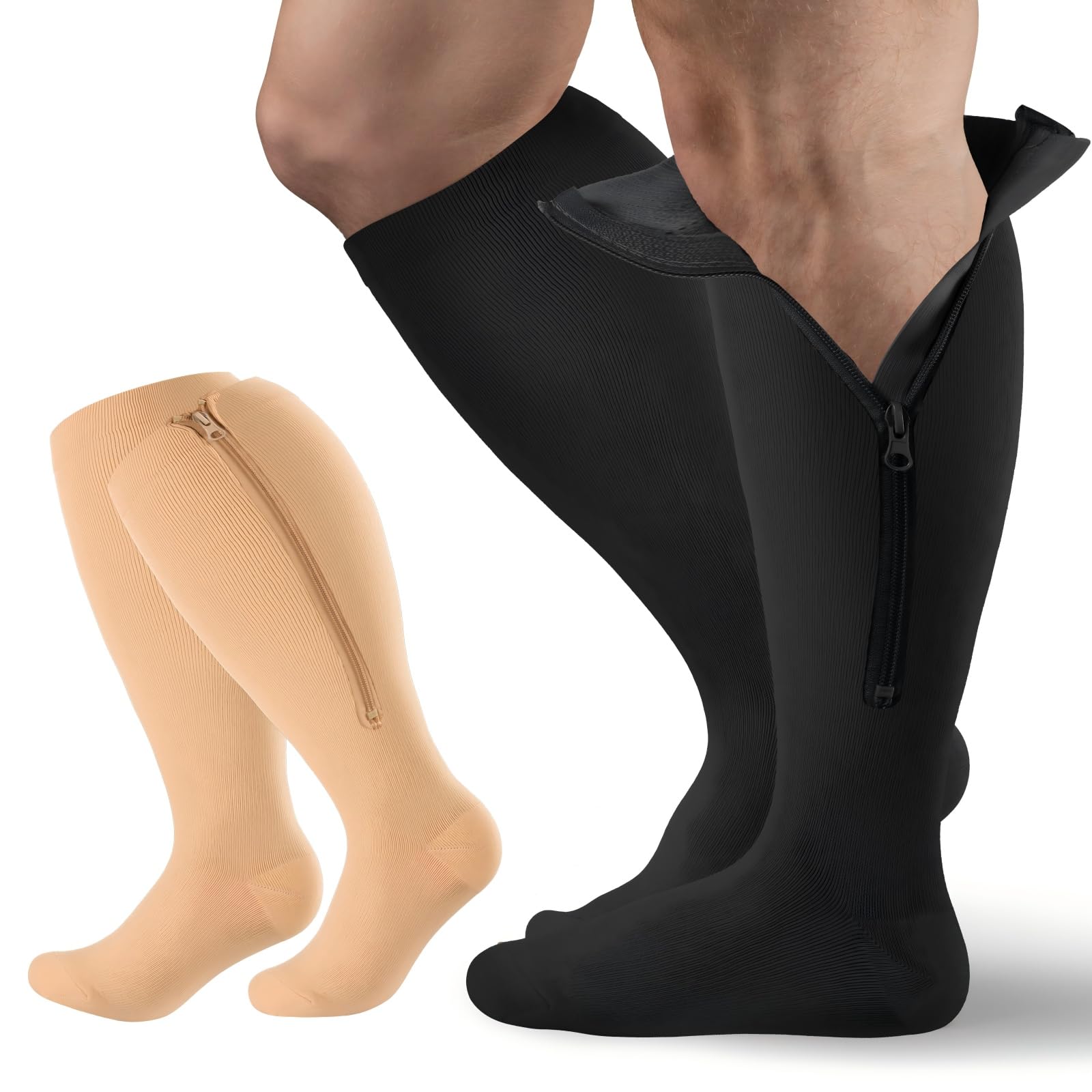 Photo 1 of 2 Pair Plus Size Closed Toe Compression Socks with Zipper, Compression Stockings for Overweight Women Men 15-20 mmHg