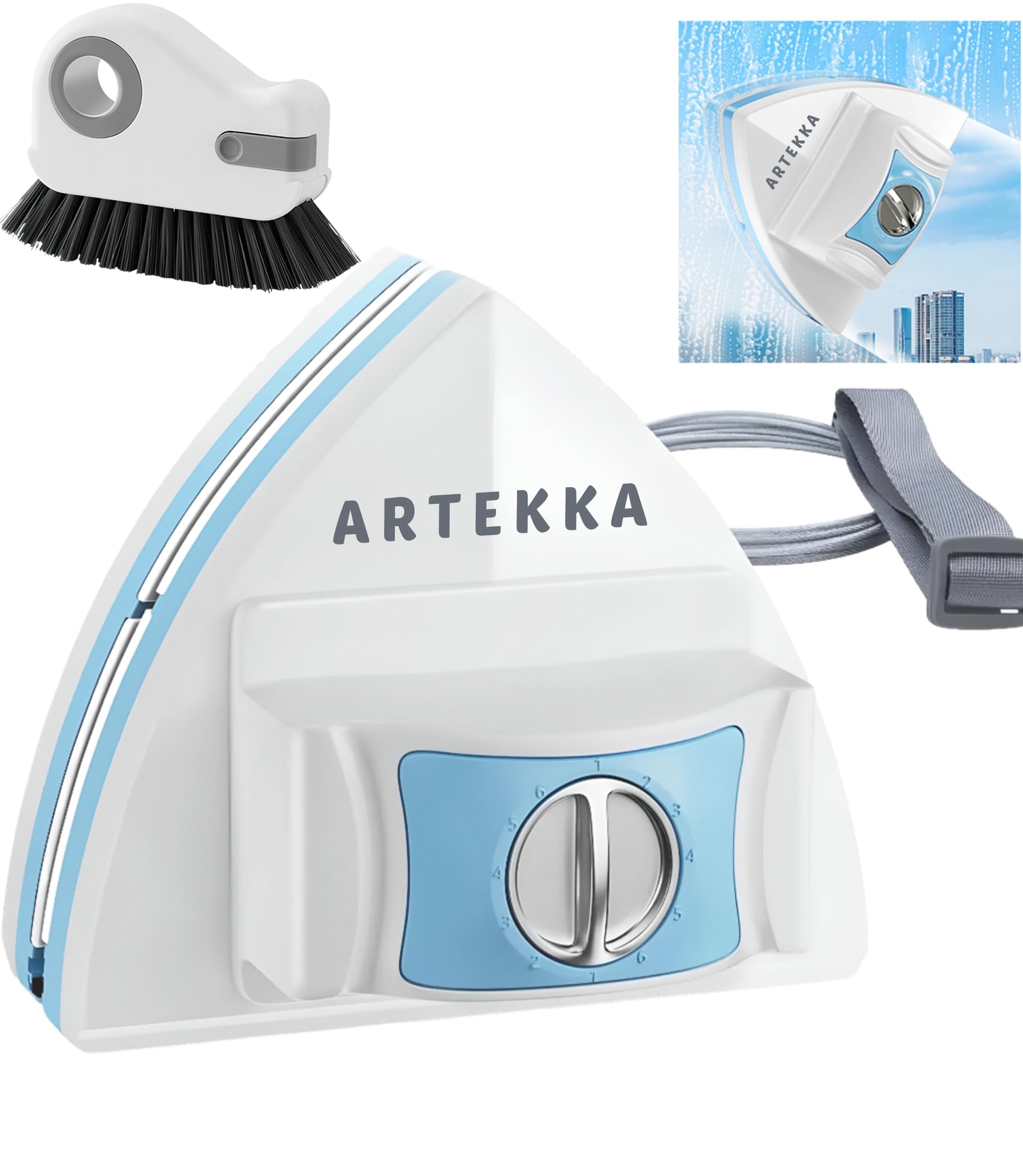 Lave Vitre Magnétique Double Vitrage 3-30 mm Brosse à Rainures Nettoyage Intérieur Extérieur Vitres Inaccessibles Kit Complet avec Recharges et Câble de Sécurité (1, Blanc Bleu et Gris)