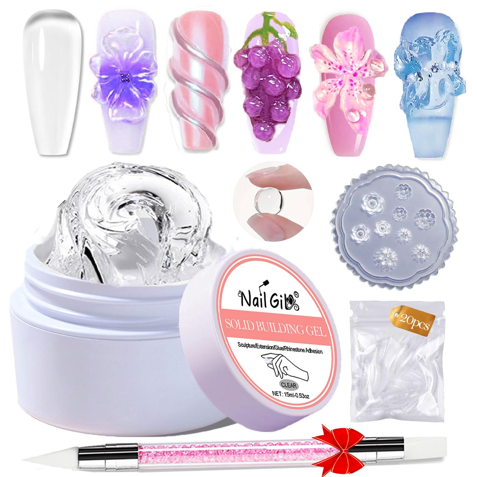 NAILGIL Solid Builder Gel For Nails,3D Nail Art Sculpture Non-Sticky Hand Clear Extension Gel Sock Off UV LED with 3D Silicone Flower Mold Salon DIY at Home-15g/0.53oz