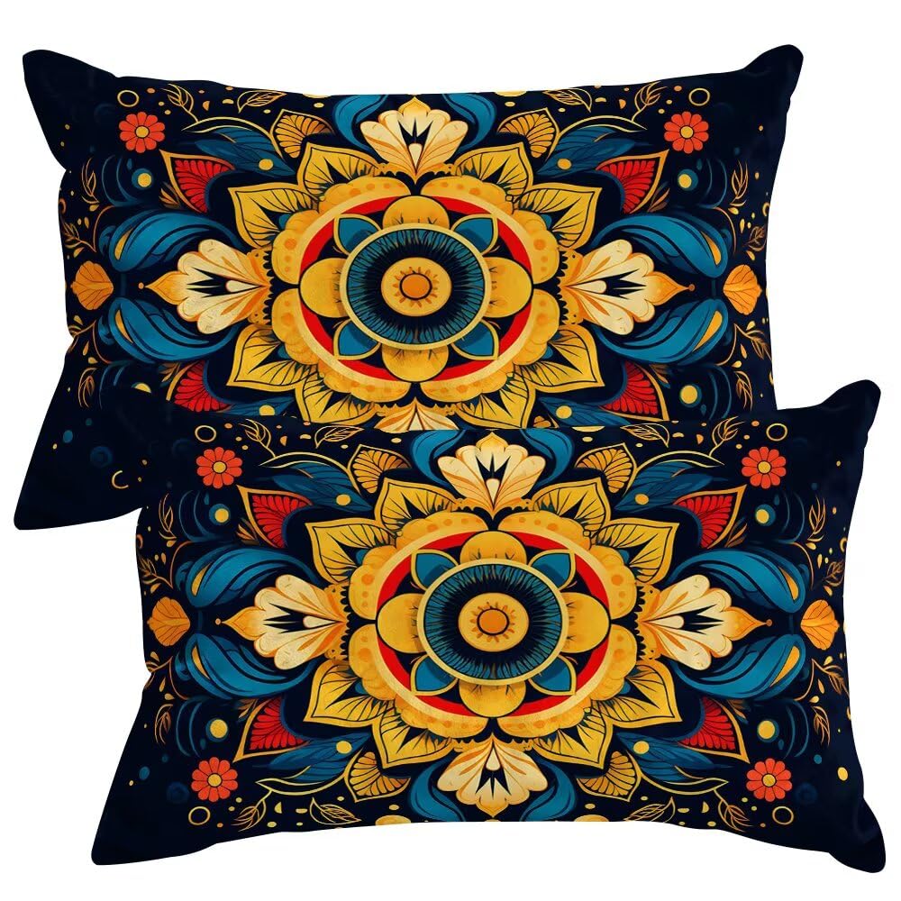 Set of 2 Velvet Cushion Covers 40x60 cm Mandala Cushions Covers Decorative Throw Pillow Case Boho Sofa Pillows 16x24 Inch Rectangle Cushion Cover with Invisible Zipper for Livingroom Bedroom -SC473