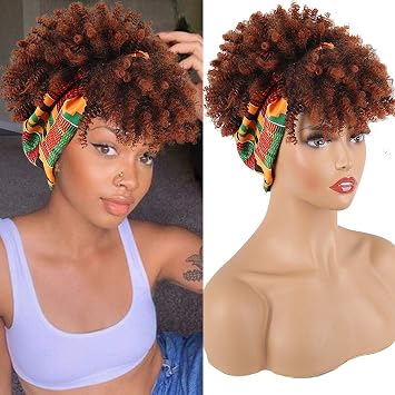 Aisaide Wrap Wigs for Black Women,Short Kinky Curly Wigs Brown Wigs with Bangs Headwrap Wigs 2 in 1,Synthetic Short Afro High Puff Full Wig
