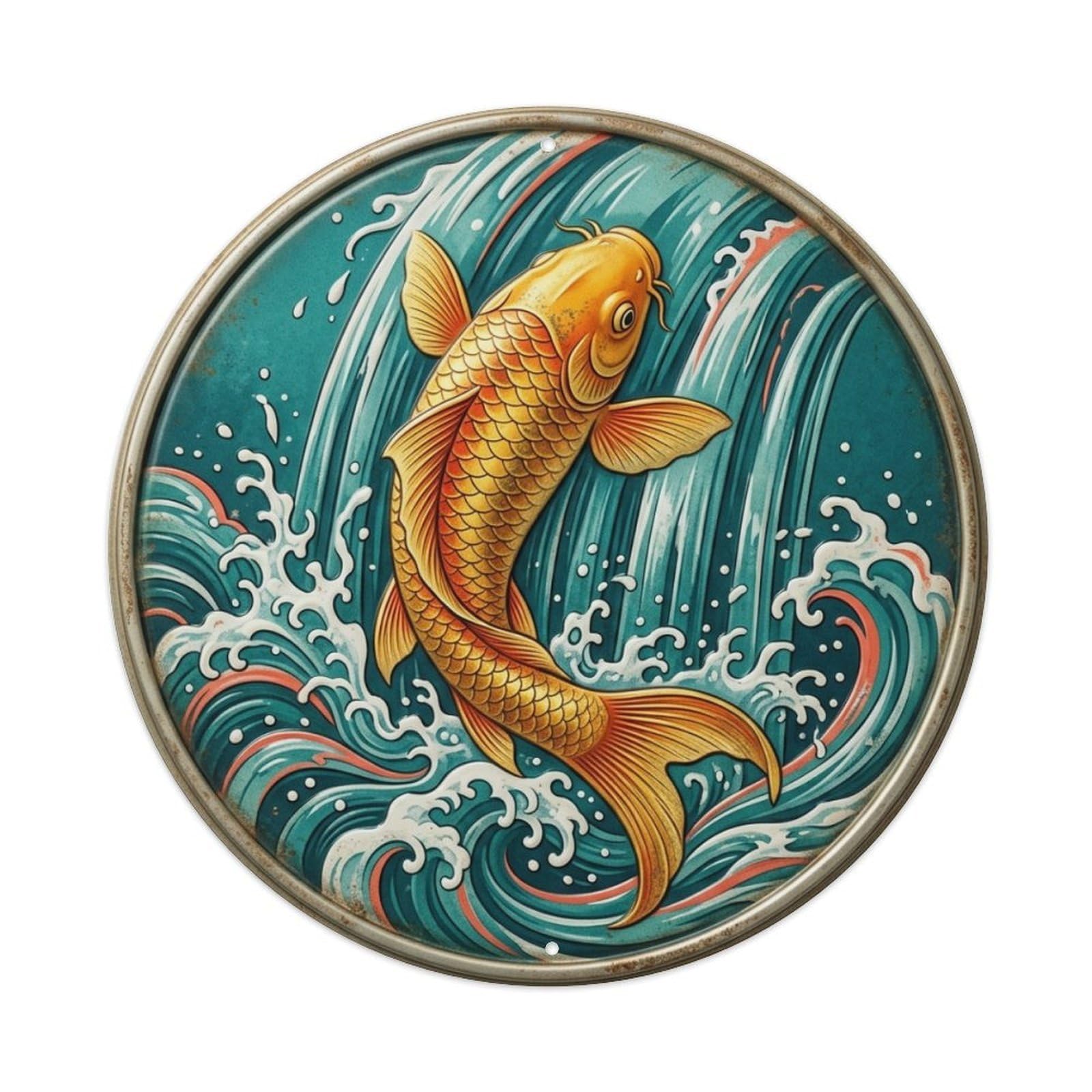Dragon Gate Ascending Falls Koi Fish 1 Vintage Metal Tin Sign Plaque Wall Decor for Cafe, Club Bar, Office, Garden Metal Poster 8x8Inch