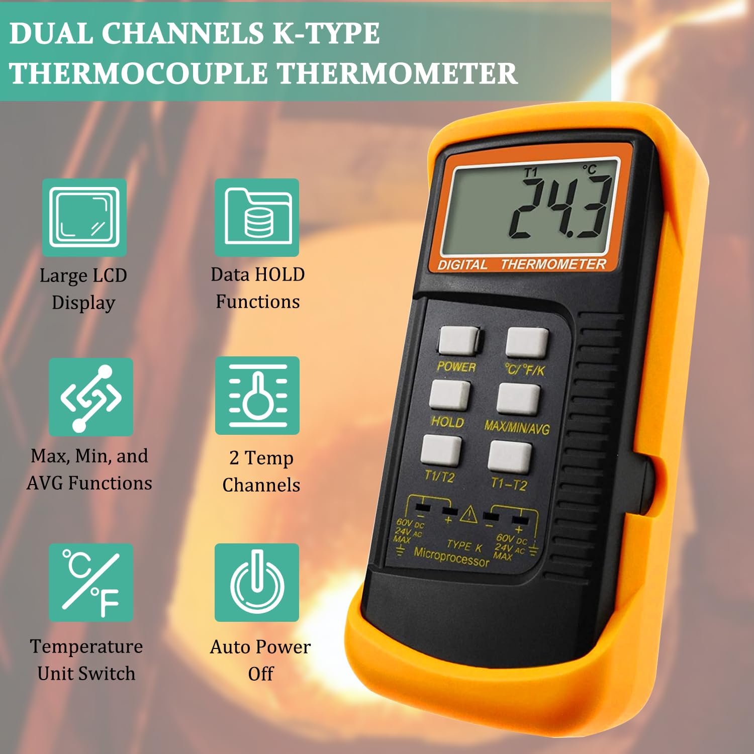 Termómetro de termopar tipo K, probador de termopar de doble canal (-58 ~ 1,300.0 °C) Medidor de escala Kelvin de temperatura de alta precisión con 2 abrazaderas de temperatura y 2 sondas de termopar