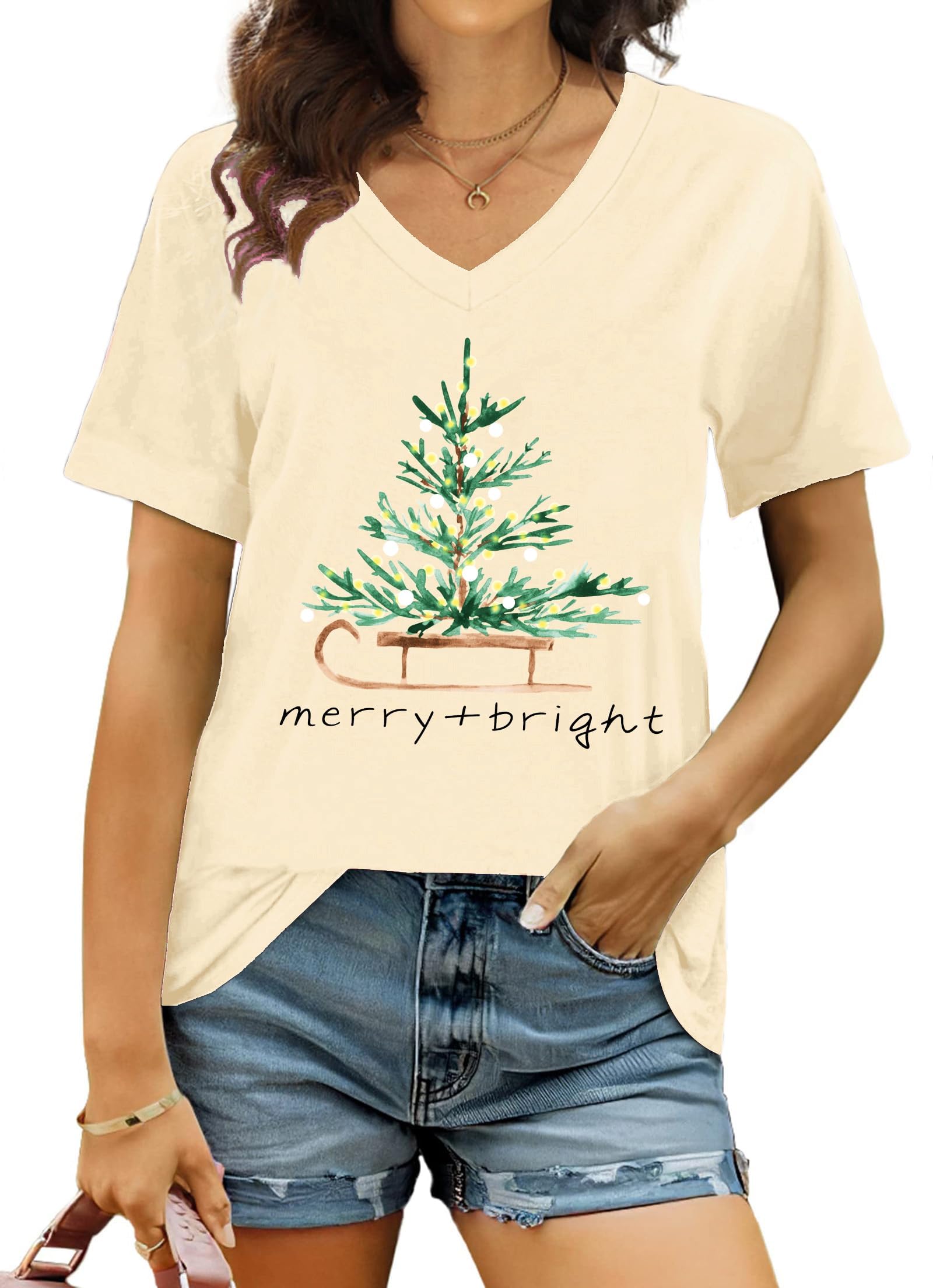 T-shirt Noël Femme Col V Merry Christmas - Hohololo Imprimé Sapin Festif