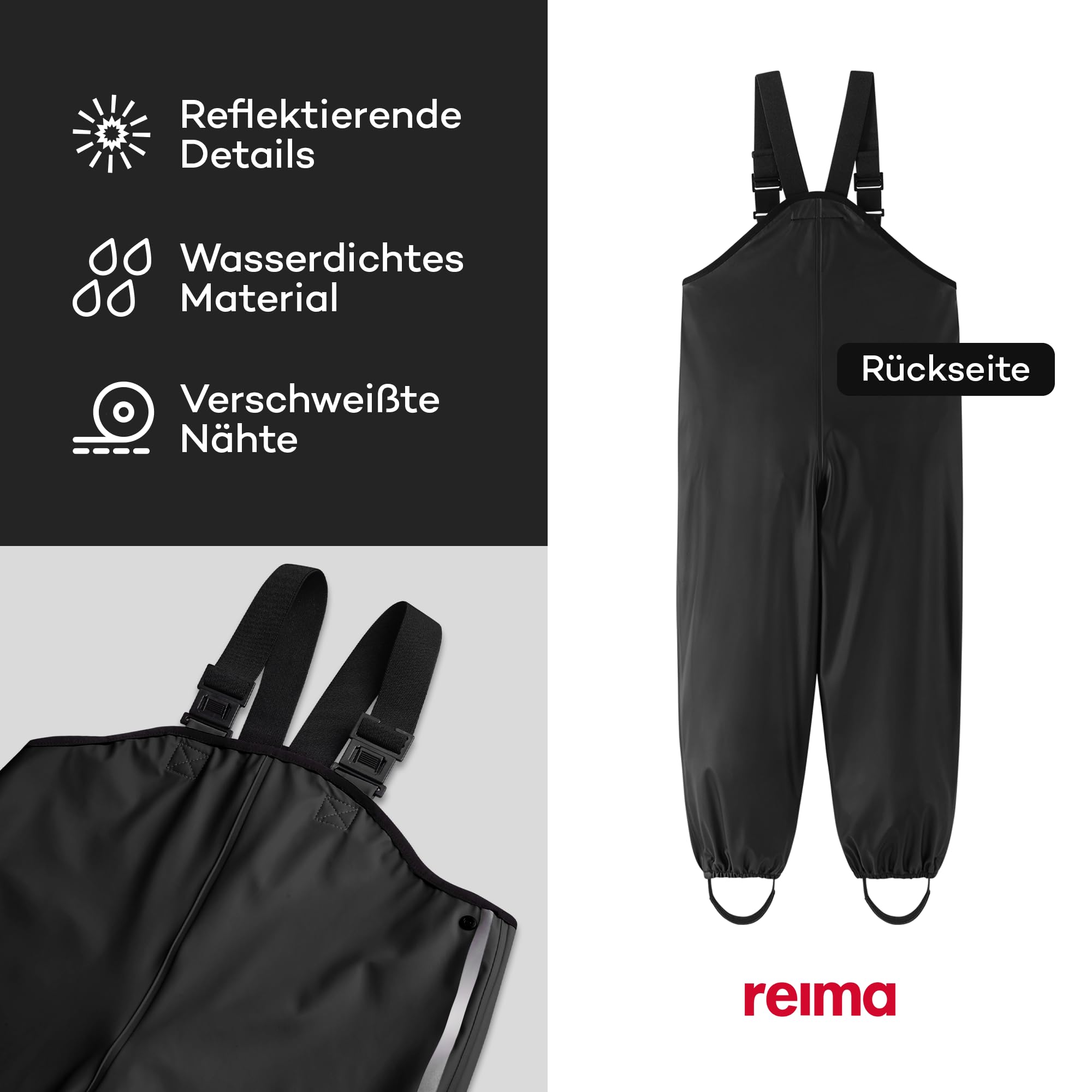 Reima - Lammikko Regenhose für Kinder Wasserdicht - Strapazierfähige Matschhose Jungen und Mädchen mit verstellbaren Hosenträgern, elastischen Beinabschlüssen - Black, 110
