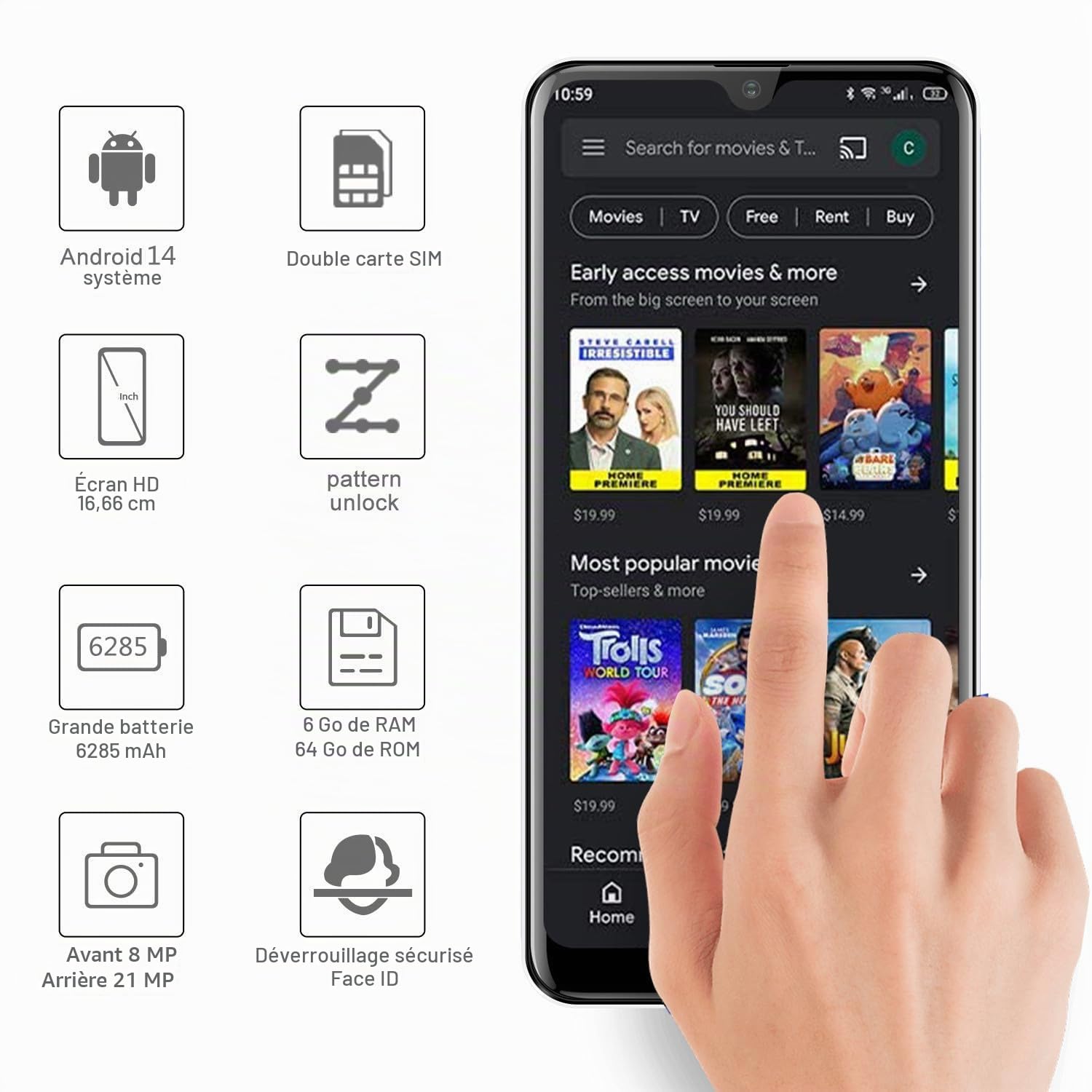 AODOEU Smartphone Pas Cher Android 14, 8 GO+64GO/TF 1TO, Telephone Portable Pas Cher Écran 6,56" HD+, Batterie 6285mAh, 13MP+8MP, Telephone 4G Dual SIM/GPS/Face ID/OTG-Violet
