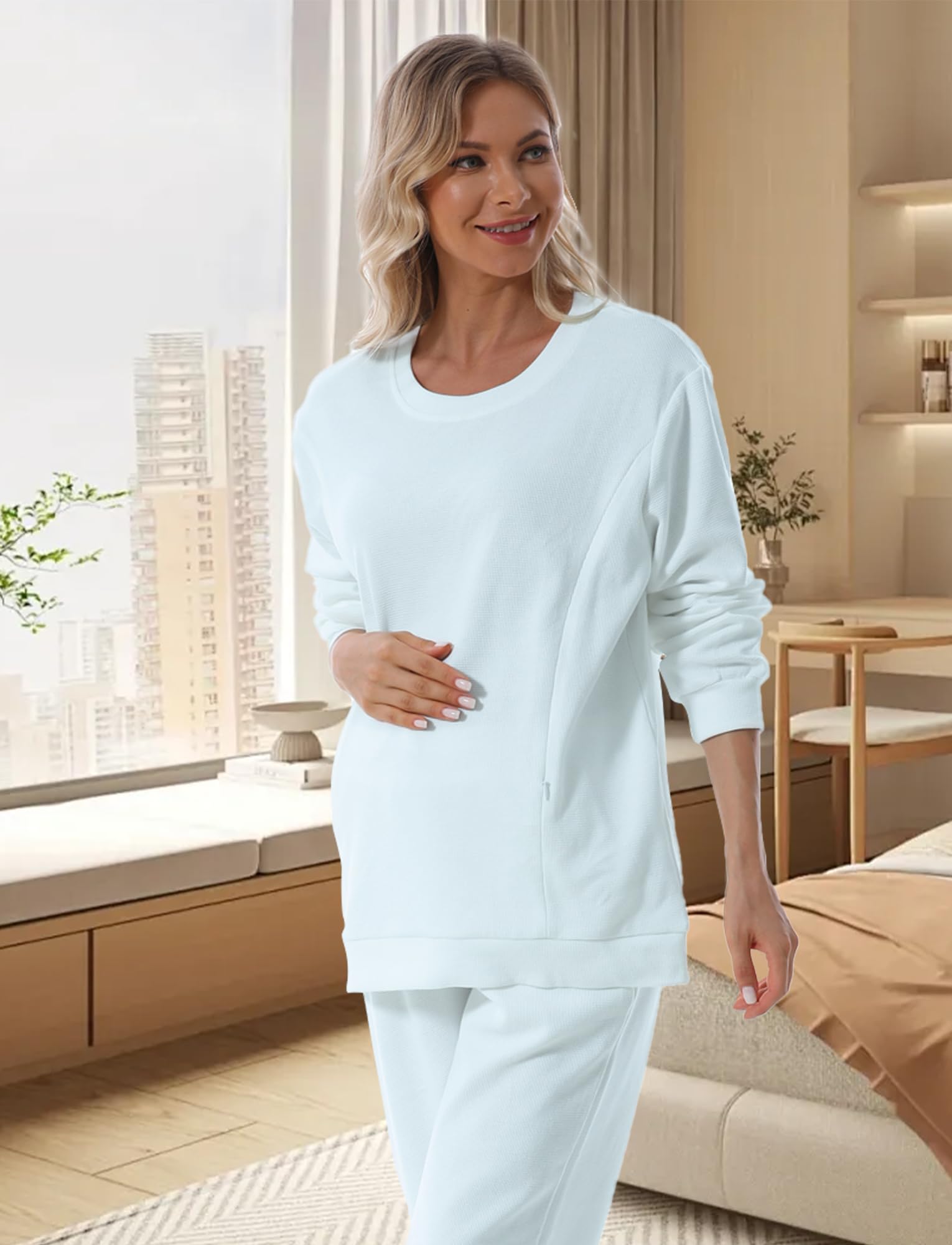 FEOYA Sudadera de maternidad de manga larga, cuello redondo, camisas de lactancia, cremallera lateral, sin botones, holgada, casual, suave, para embarazo, invierno, otoño