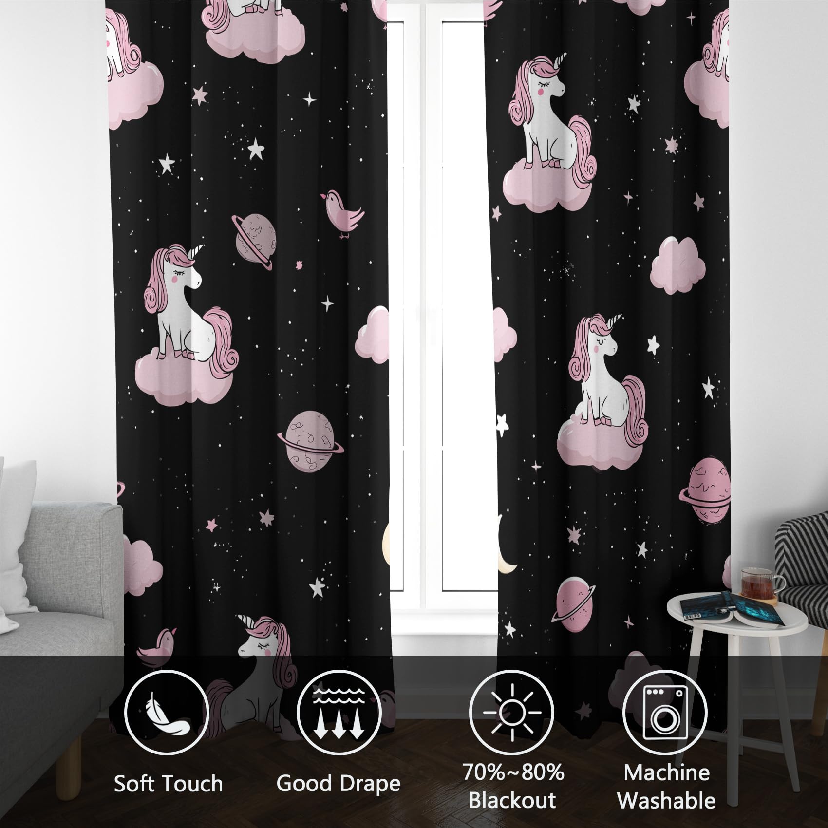 Rideau Occultant Licorne, Rideaux Motif Nuage Enfant Fille, Rideau Thermique Isolant Draperies Intérieurs à Oeillets pour Chambre Salon Fenetre, Lot de 2, 140x180 cm D135
