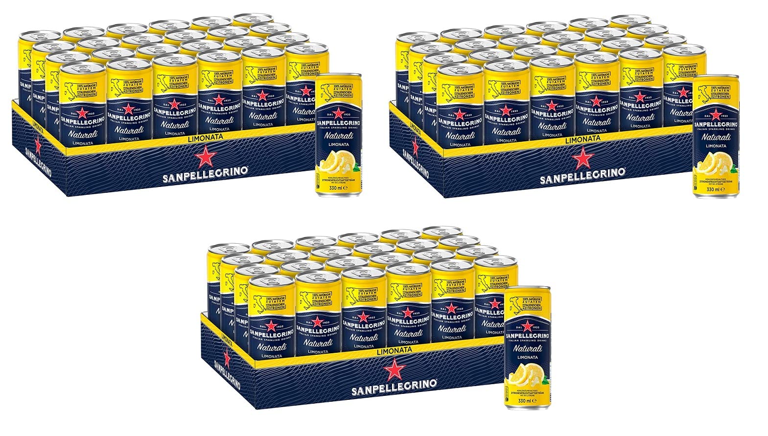 72x San Pellegrino Limonata Limonade 100% Natürliche Inhaltsstoffe Alkoholfreies Getränk Kohlensäurehaltiges Erfrischungsgetränk auf Basis von Zitronensaft 16% Einwegdose 330ml