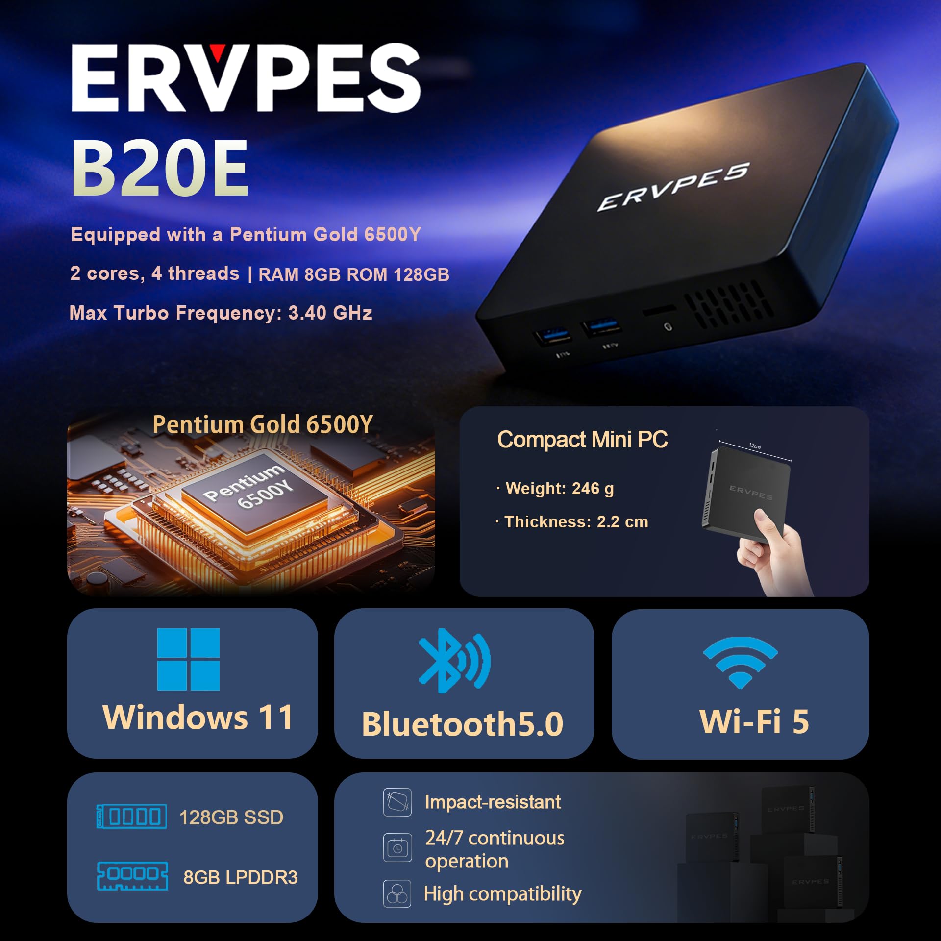 mini pc B20E Pentium 6500Y Processor (Up to 3.4GHz), 8 GB RAM, 128 GB M.2 SSD desktop pc,USB 3.2/HDMI/WiFi/BT mini pc for home office — view 2