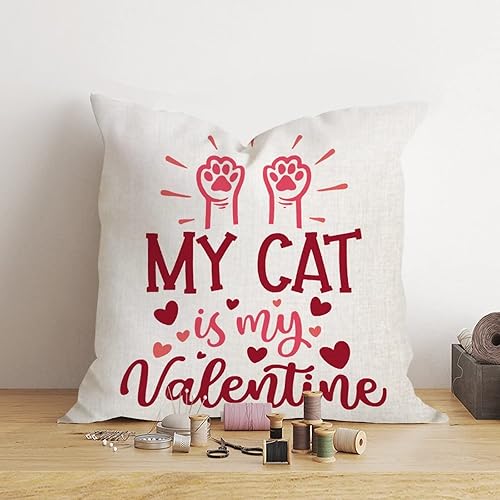 Miniatura 2 de Funda de almohada romántica para el día de San Valentín funda de cojín con texto en inglés My Cat is My Valentine decoración del hogar sofá sala de