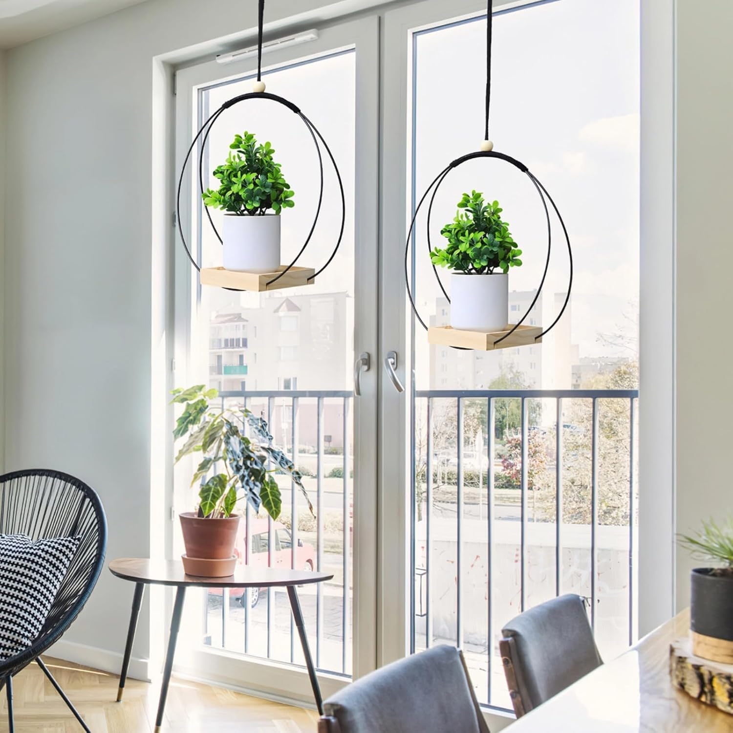 4 Pcs Plant Hanger with Wood Base, Hanging Window Planter, Boho Nordic Style, Ideal for Home and Balcony Decoration, Black