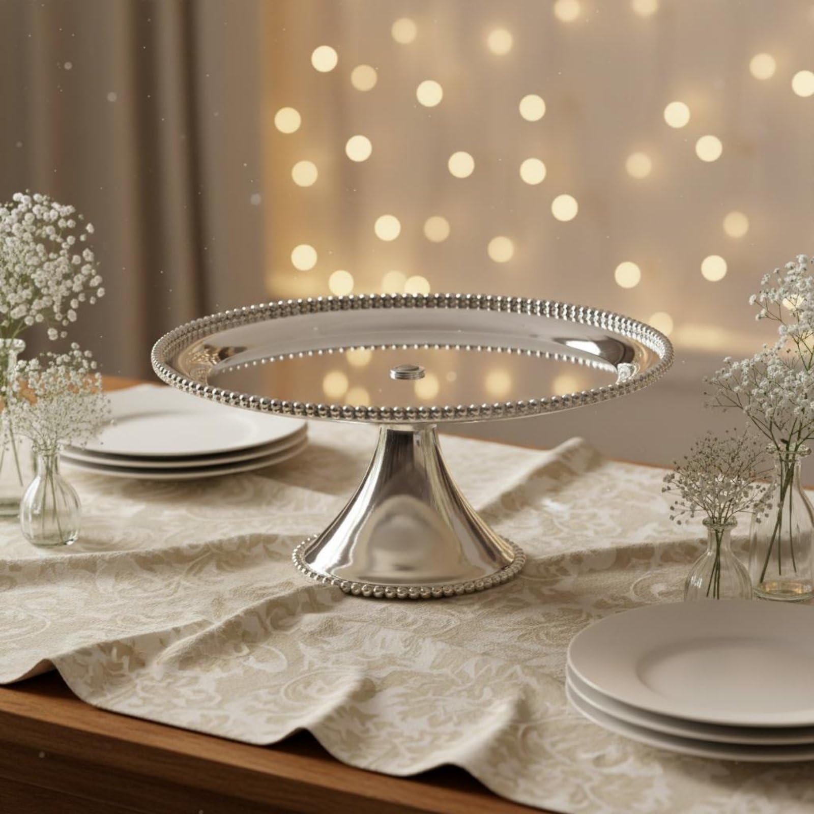 Silver Cake Stand Soporte Pastelero Bandeja Pedestal Base Repostera Amplio de 35.5cm y Borde Decorativo Adecuado para Bodas Cumpleaños Reuniones en de Postres, Forma De Flor De Ciruelo