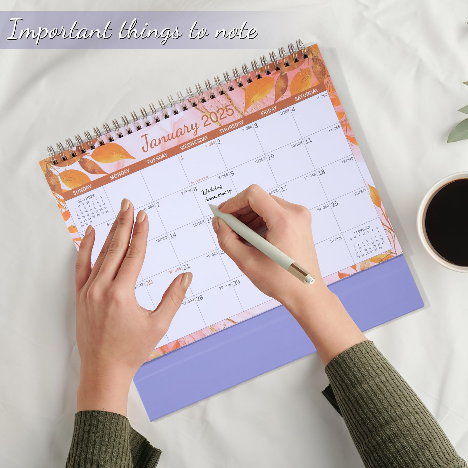 Calendrier De Bureau 2025 Debout - Calendrier Mensuel Familial Feuilles Violettes