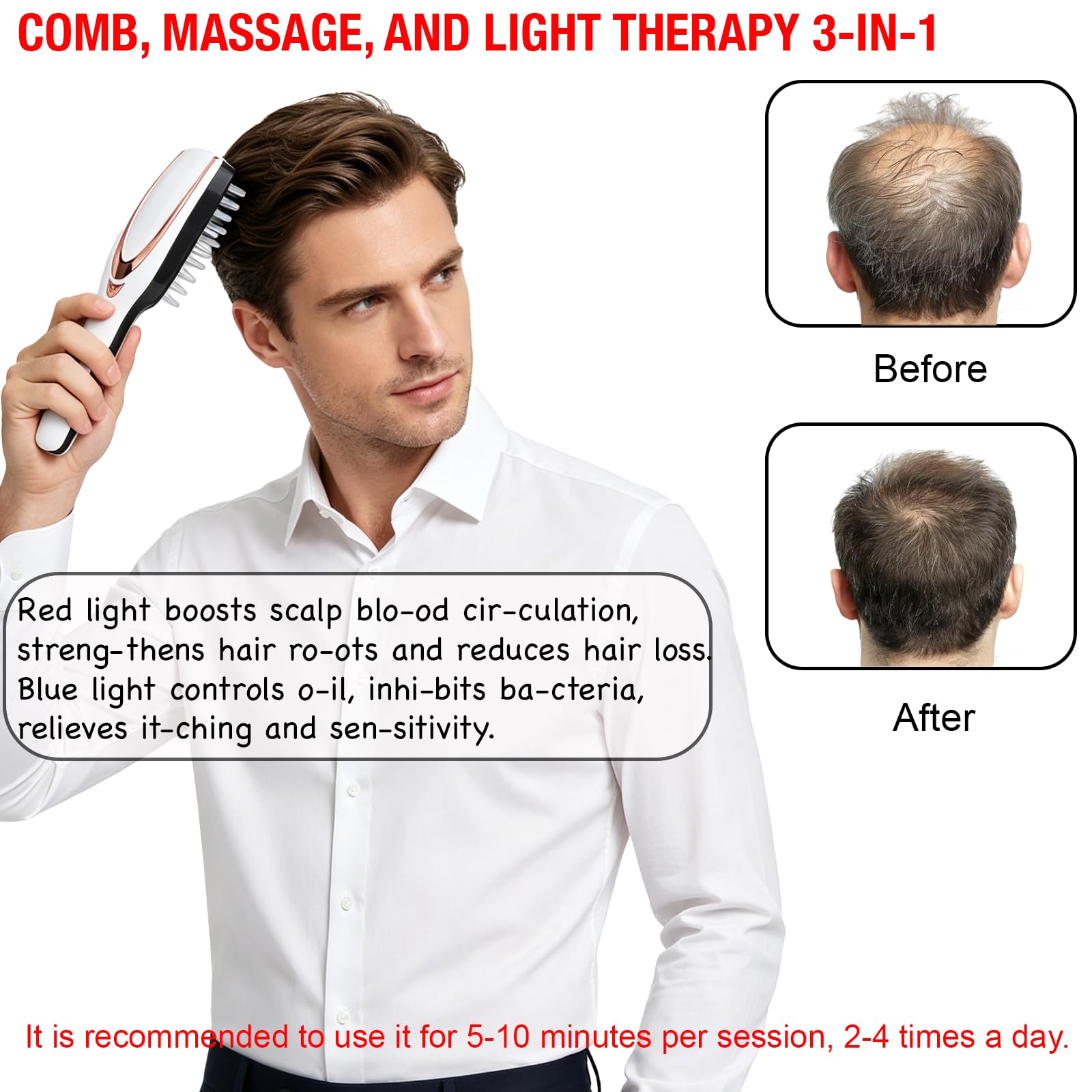 Peine de masaje eléctrico para cuero cabelludo con luz LED roja y azul, 3 niveles de intensidad de vibración, cepillo de pelo recargable con 28 nudos suaves, portátil, para hombre y mujer