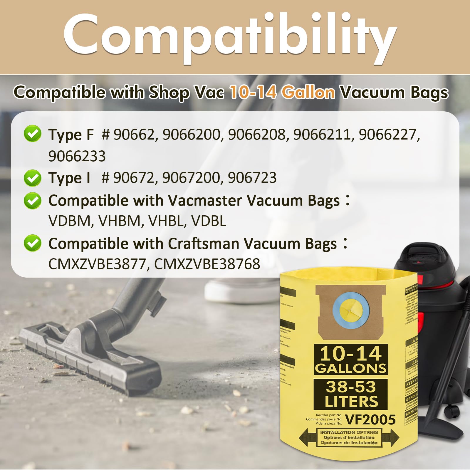 Confezione da 15 sacchetti sottovuoto compatibili per Shop Vac 10-14 galloni, tipo F- 9066233 90662; tipo I 90672 9067233 VF2005, sacchetti monouso per la raccolta di polveri sottili