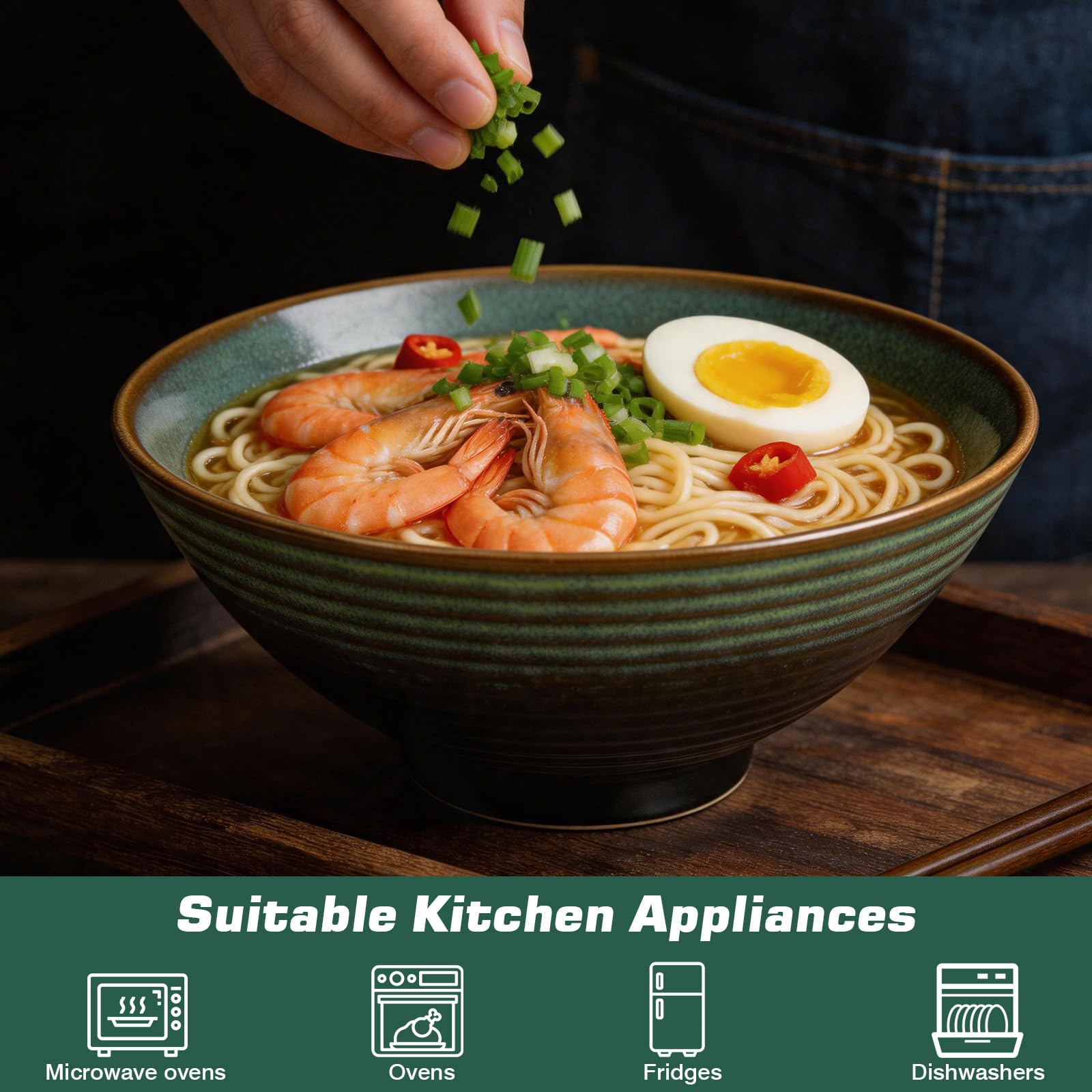 1200ML Ciotola Ramen con Bacchette e Cucchiai, 2 Set Ramen Bowl in Ceramica con Smalto Verde Cambiato in Forno,Ciotole Ramen Giapponesi, Ciotole per Ramen, Zuppa, Insalata, Muesli