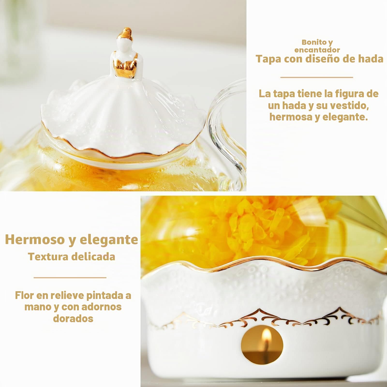 DUJUST Tetera Cristal de 1200ml con Calentador, Diseño de Lujo con Decoración en Relieve y Adornos Dorados, Tetera Transparente Artesanal con Infusor, Regalo y Decoración Seguro para la Estufa