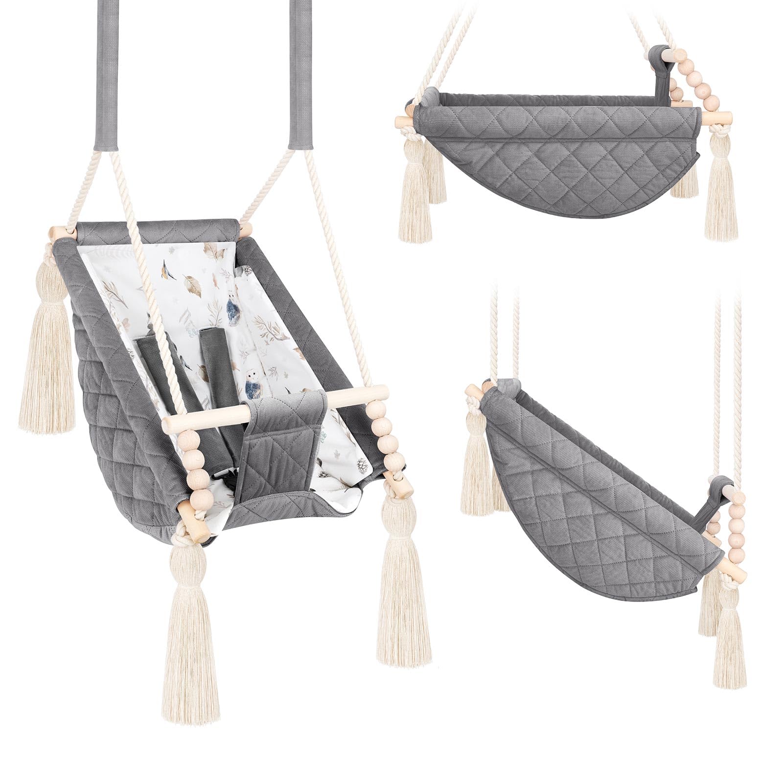 Baby Swing Dark Grey Velour Indoor Hammock 2 m+, Customisable with Embroidered First Name, Made in Europe, Secure Hanging Seat 25 kg