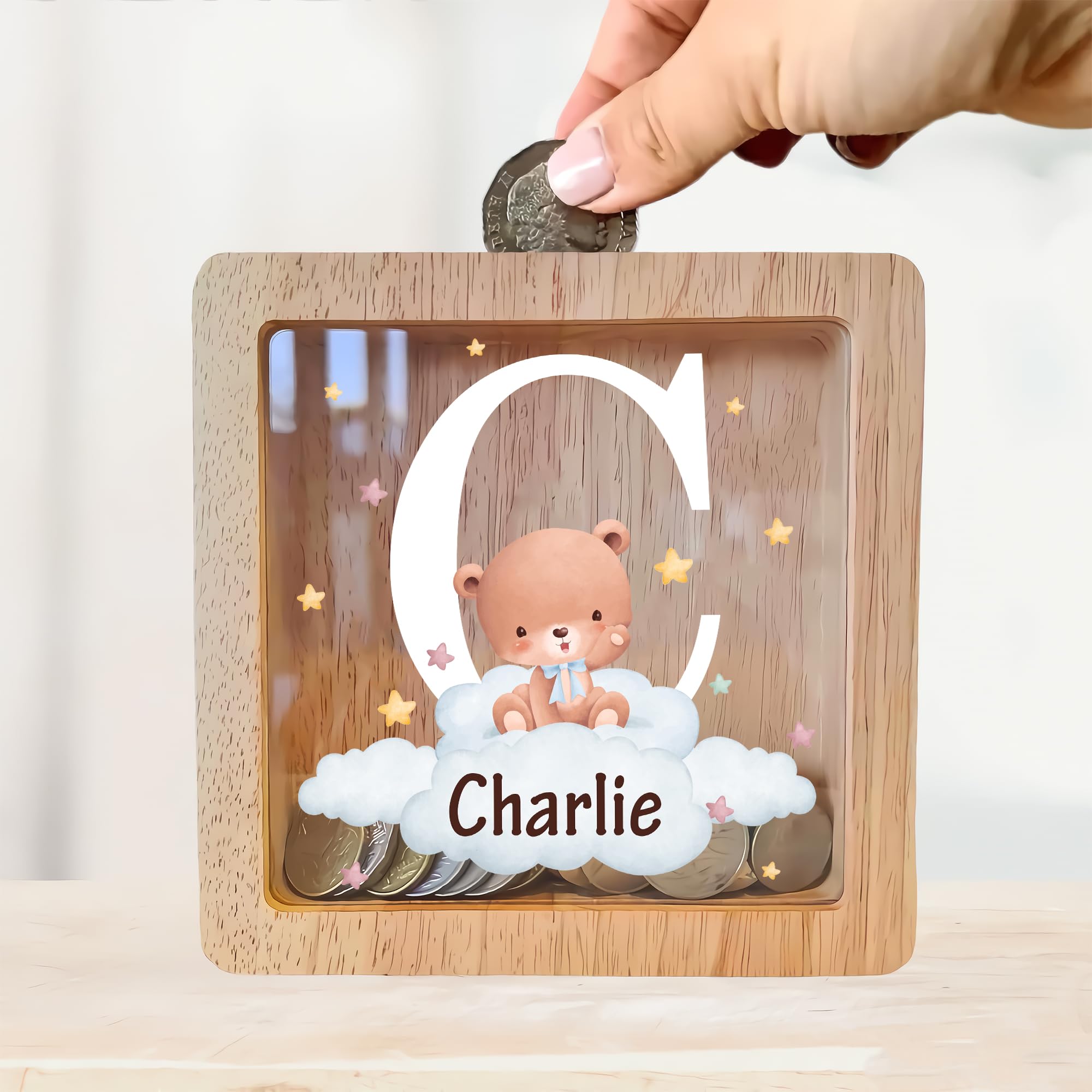 Personalized Piggy Bank, 6.7"x6.7" Wooden Money Banks for Kids, Custom Gifts for Boys and Girls, Personalized Piggy Bank for Girls