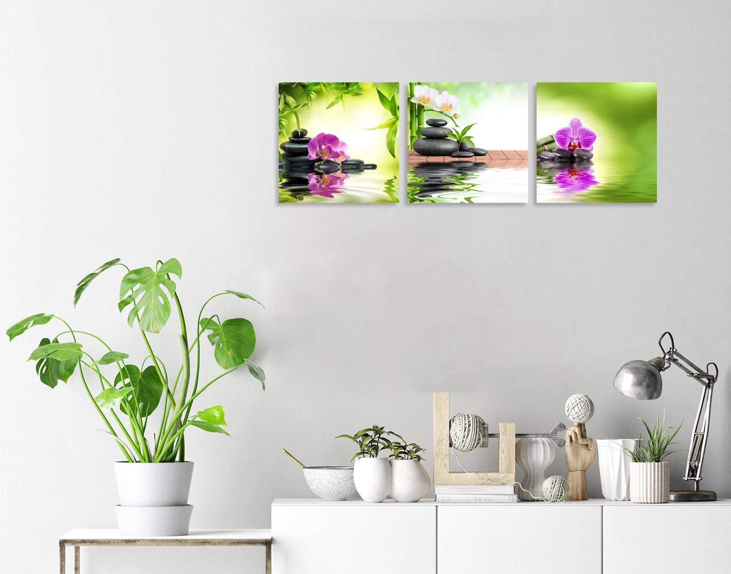 TutuBeer Zen Art 3 Panels Spa Decor Spa Stone Zen Basalt Stones and Orchid Pictures Canvas Painting Zen Pictures Prints on Canvas for Home Kitchen Wall Decor Stretched and Framed Each Panel 12x12inch