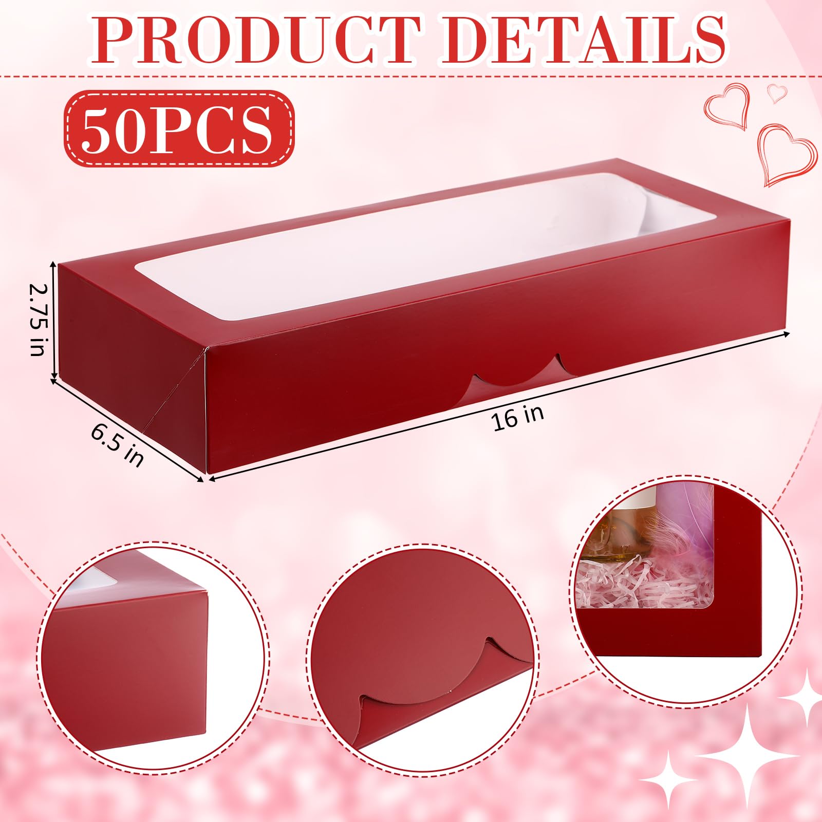 Thenshop 50 cajas de panadería con ventana de 16 x 6.5 x 2.75 pulgadas de largo, cajas de fresas, cajas de galletas, cajas largas para dulces, cajas de pasteles, postres, recipientes de galletas para