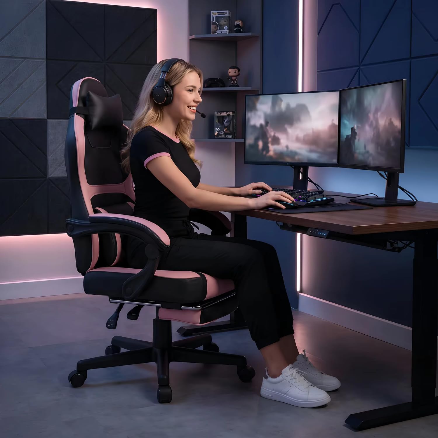 Gaming Stuhl mit Fußstütze, Ergonomischer Bürostuhl mit Verstellbarer Lendenstütze und Kopfstütze, Höhenverstellbarer Drehstuhl mit Wippfunktion, PC Stuhl für Home Office, Büro und Gaming