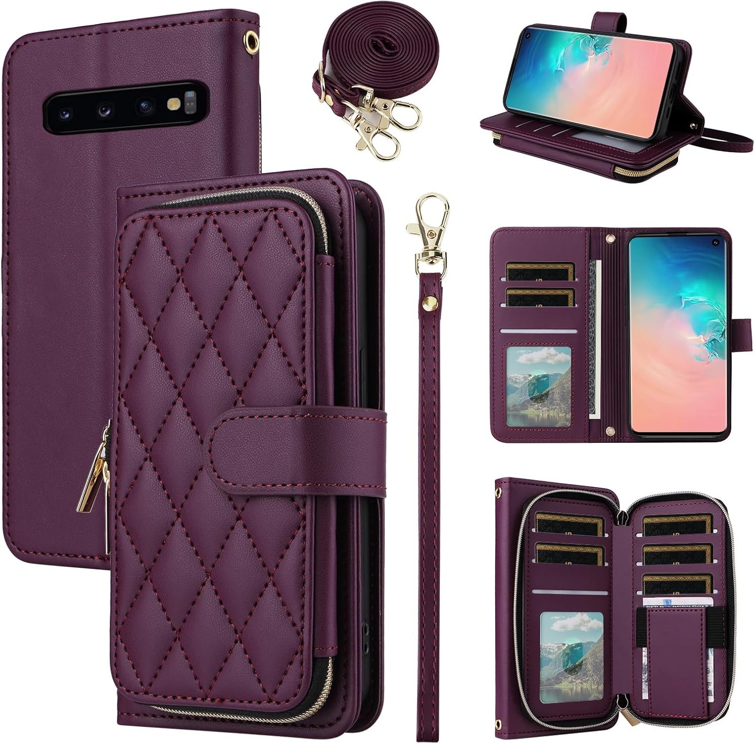 Wallet Case for Samsung Galaxy S10 Plus with Wrist Strap, Crossbody Shoulder Strap, Luxury PU Leather Stand Phone Cover with 9+ Card Slotsfor S10+ S10plus 10S Edge S 10 10plus Women Deep Purple