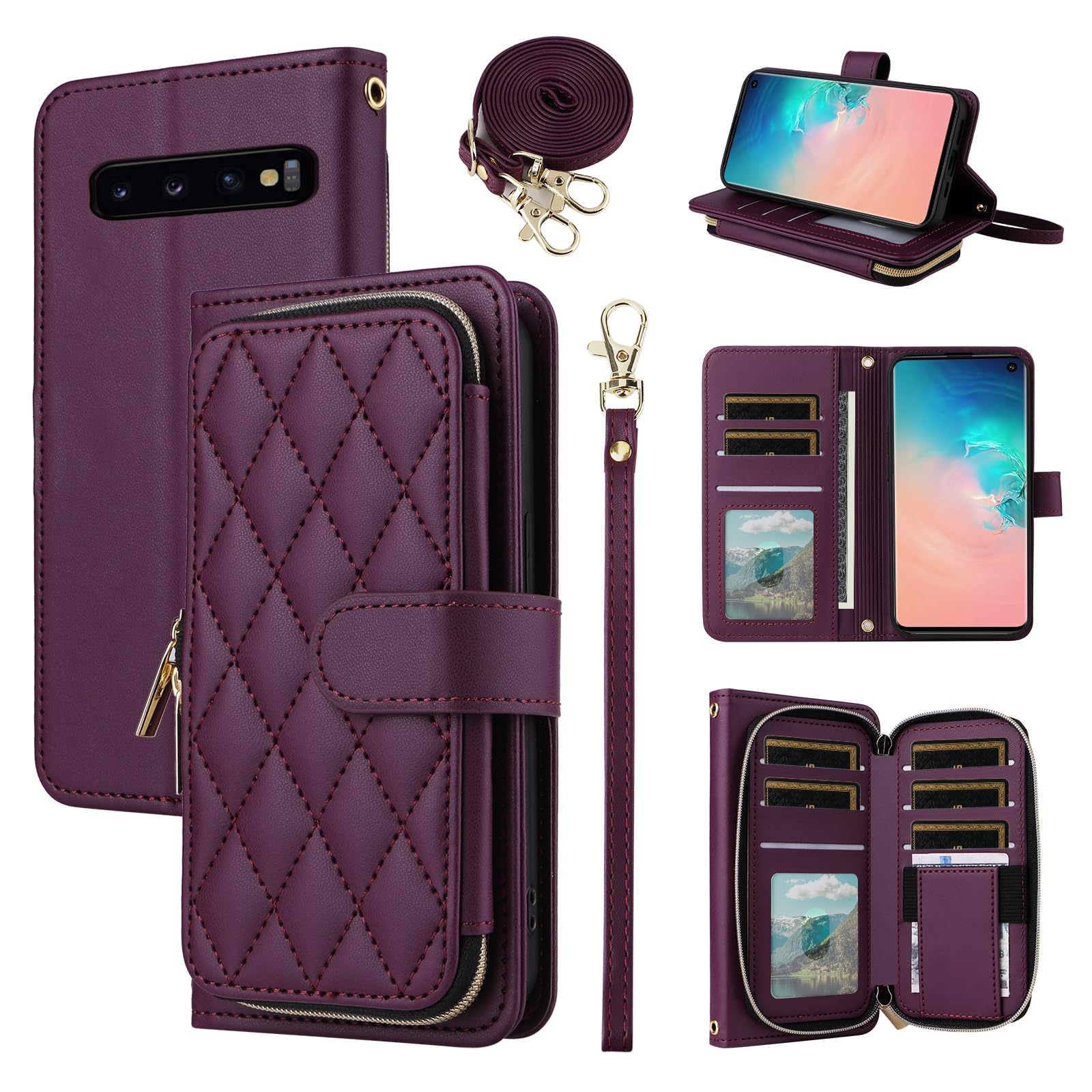 Furiet Wallet Case for Samsung Galaxy S10 Plus with Wrist Strap, Crossbody Shoulder Strap, Luxury PU Leather Stand Phone Cover with 9+ Card Slotsfor