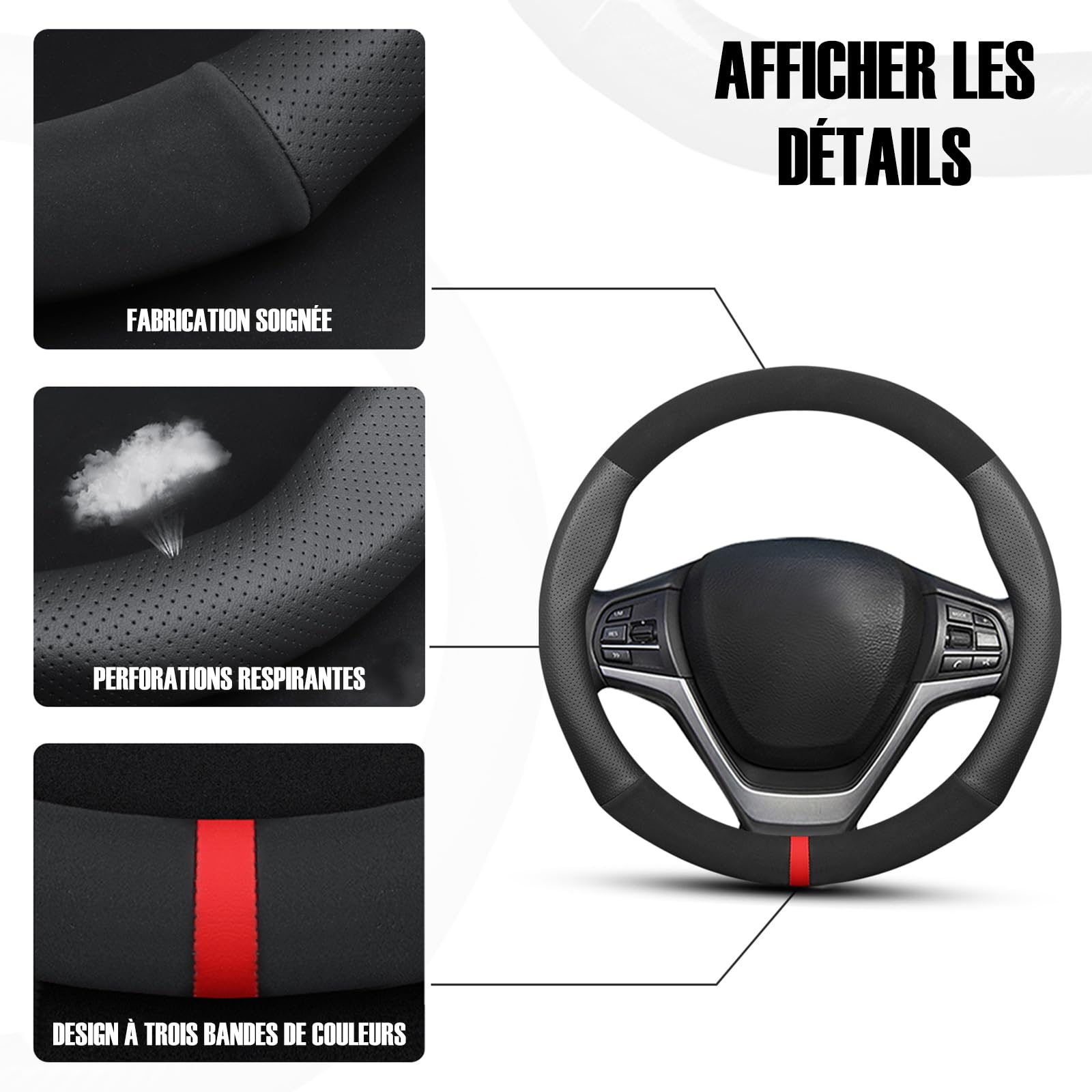 Ergocar Couvre Volant de Voiture Cuir Microfibre et Cuir PU Sport Volant Protecteur Antidérapant pour Diamètre 38cm(15 ") (D-Noir-F)