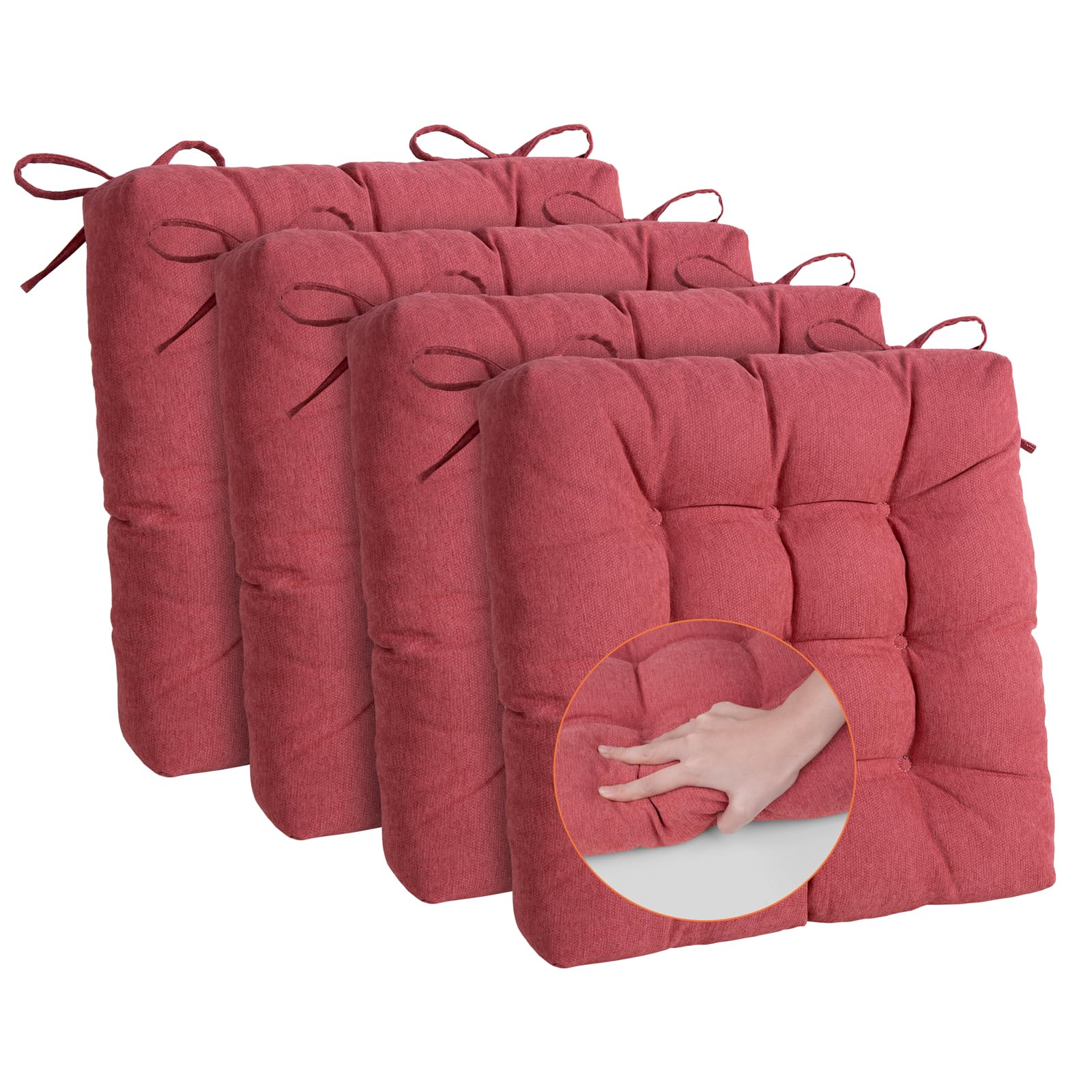 Chair Cushion Set of 4, Polyester Brushed Fabric, Sponge Particle Filling, Non-Slip Bottom Tufted Kitchen Cushions with 2 Ties for Indoor Outdoor Square Seat, (16x16x3) Red