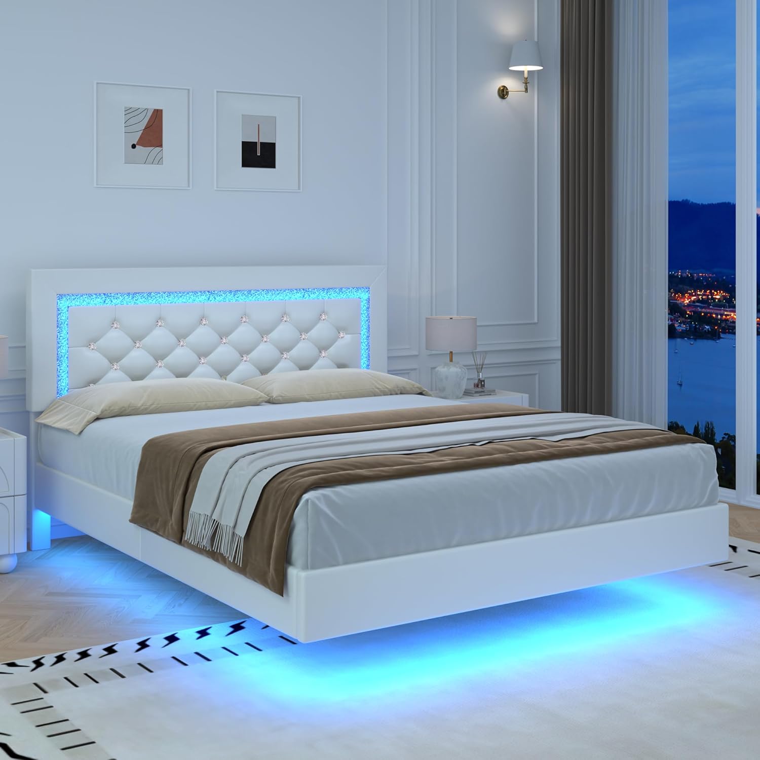Floating Bed Frame Full with LED Lights, Upholstered Platform Bed with Diamond Tufted Headboard, No Box Spring Needed, Noise Free, Easy Assembly, White White Full