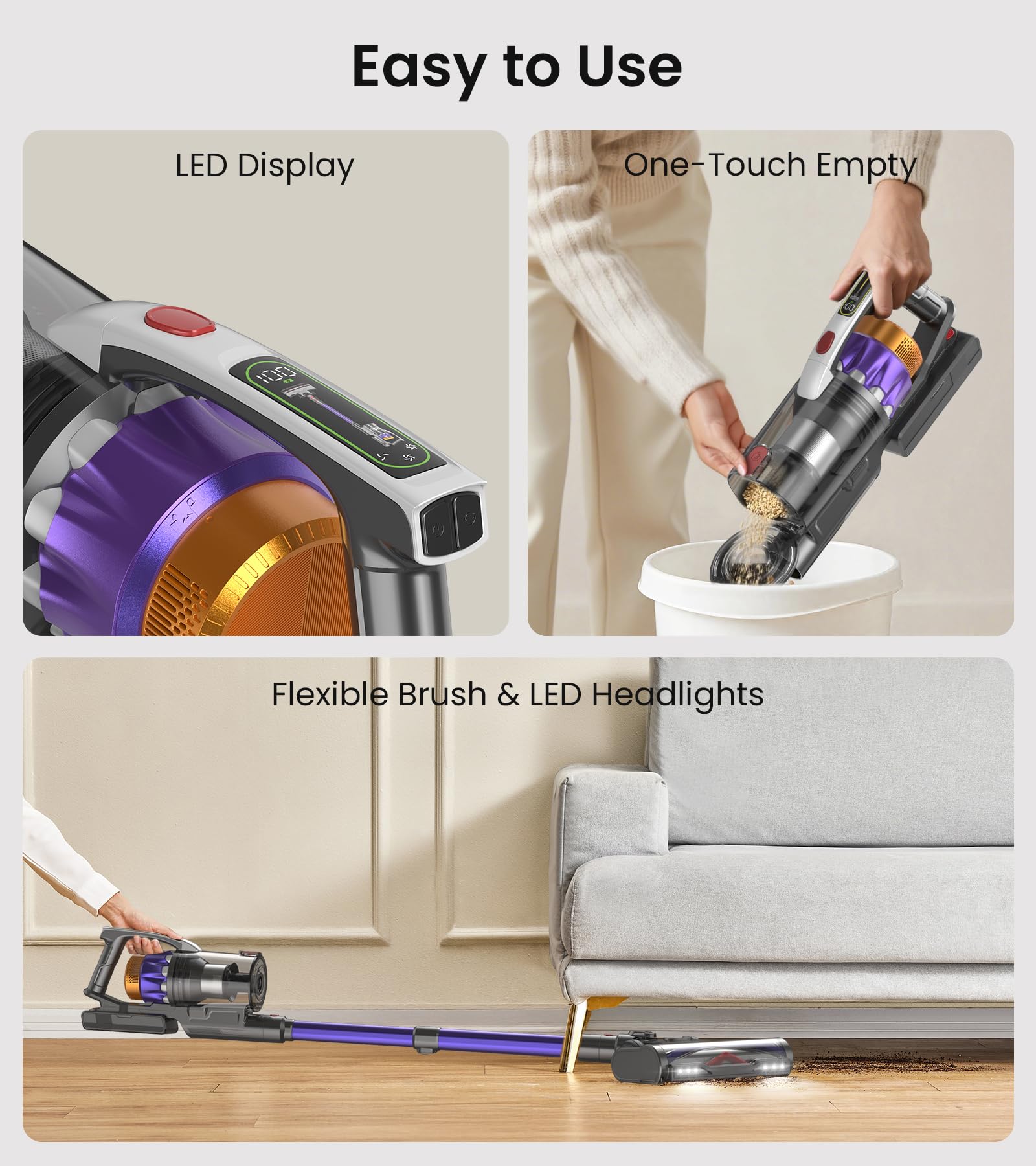 NADALY Cordless Vacuum Cleaner, 650W 55KPA 70Mins Vacuum Cleaners for Home, Anti-Tangle, Self-Standing Stick Vacuum Cordless Rechargeable, Lightweight Vacuum for Hardwood Floors/Pet Hair/Carpet - image 7