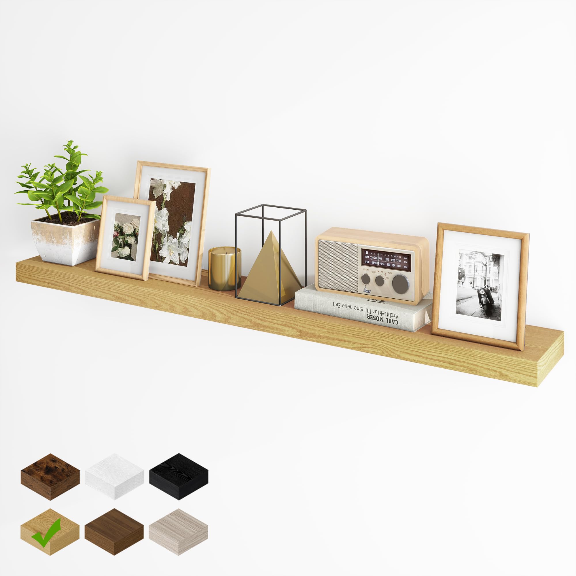 Fun Memories 55 Inch Fireplace Mantel - Long Floating Shelf, Wall Mounted Farmhouse Display with Invisible Heavy Duty Metal Bracket, Oak