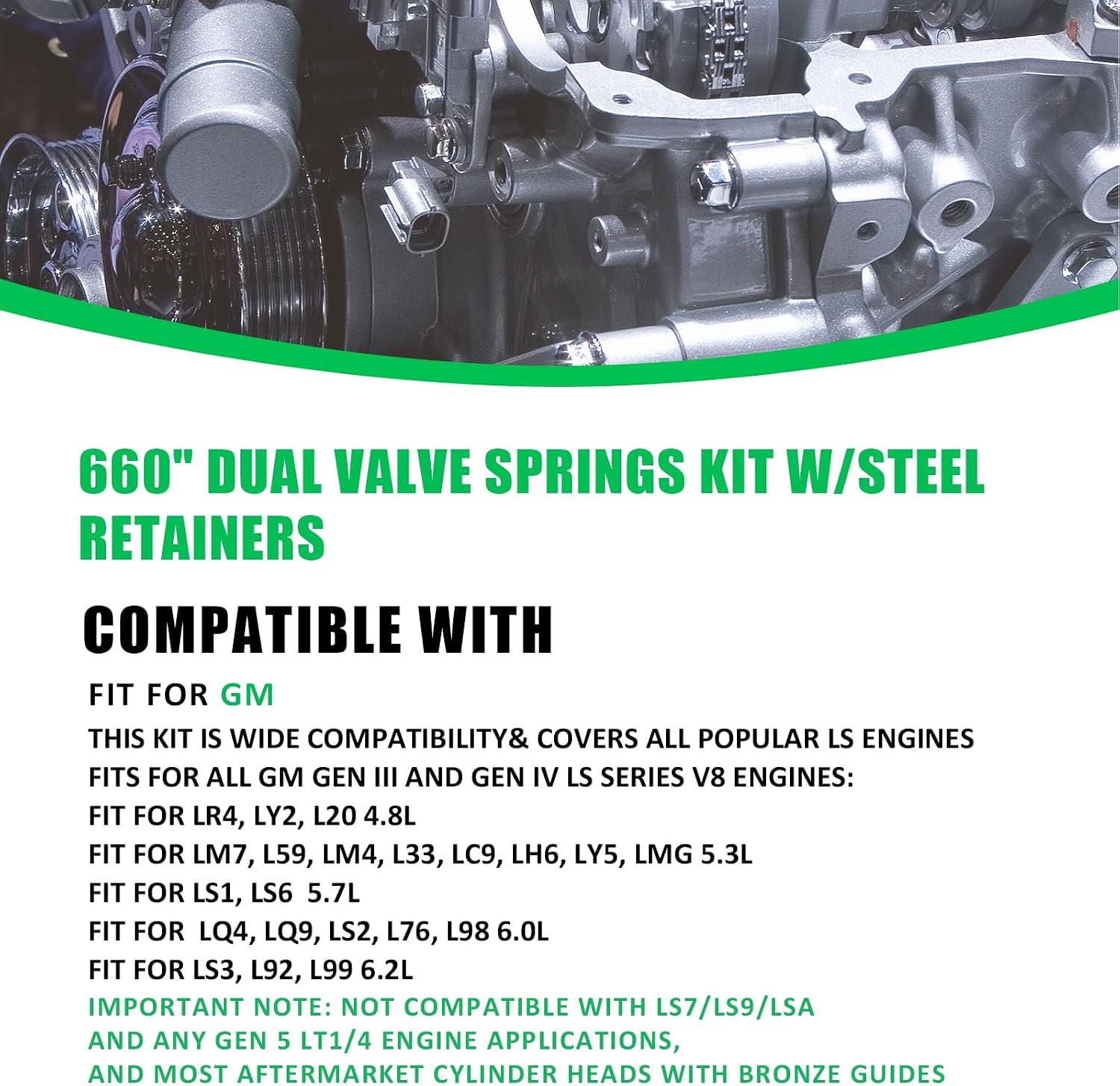 660" Dual Valve Springs Kit w/Steel Retainers Fit for GM LS1 LS2 LS3 LS6 LQ4 LQ9 4.8L 5.3L 5.7L 6.0L 6.2L Gen III IV Engines #Replaces SK001 SK001S