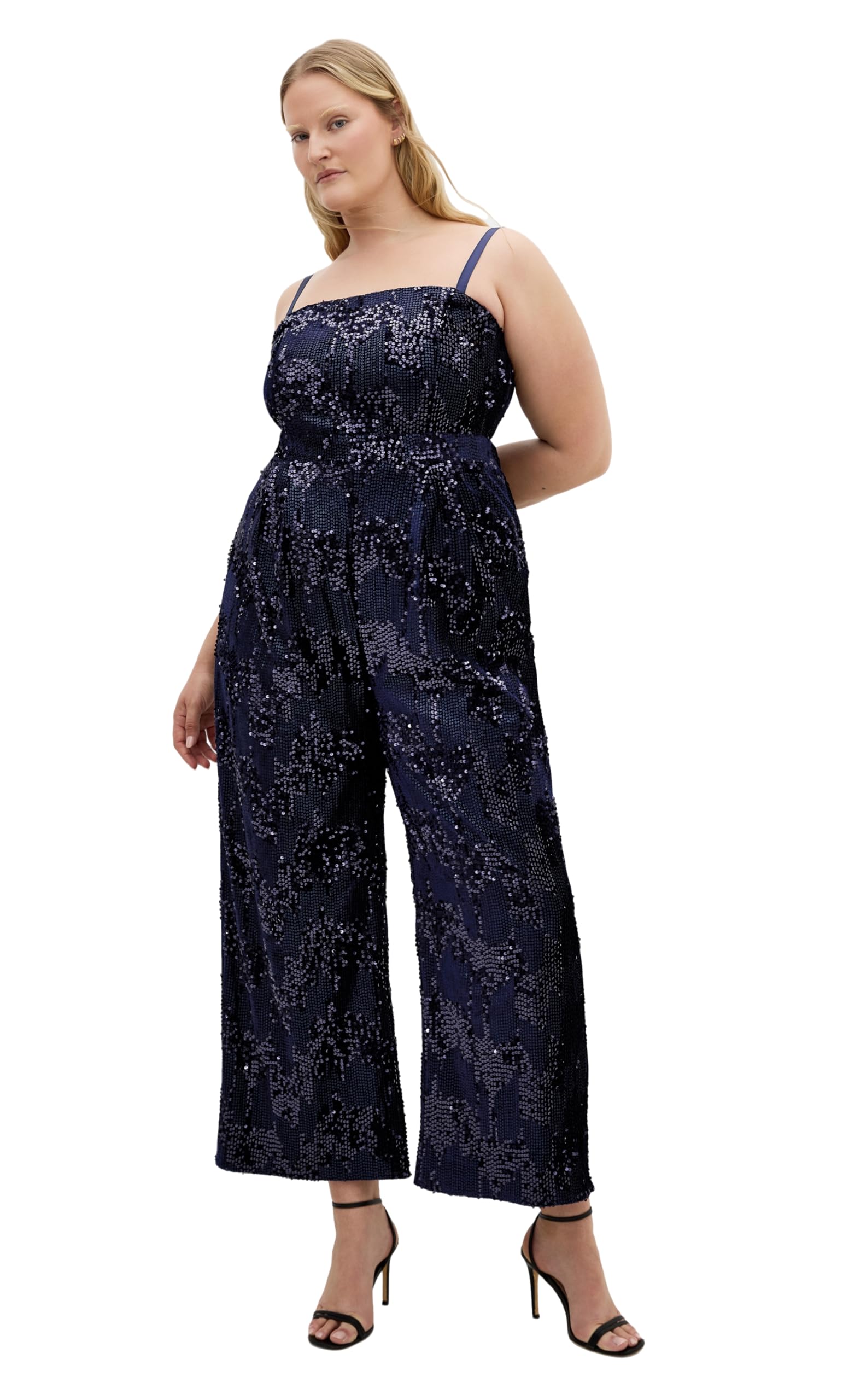 View 1 of *** does not come with straps **City Chic Women's Glimmer Sequin Strapless Jumpsuit, Navy, Size 18