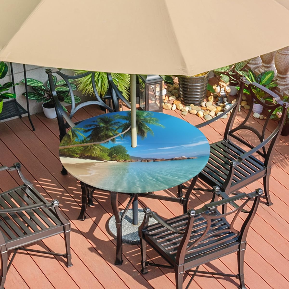 Pardick Round Fitted Tablecloth with Umbrella Hole Tropical Beach Outdoor Fitted Tablecloth with Zipper Round Elastic Table Cover Waterproof 45"- 56" Outdoor Patio Table Cloth for Picnic Beach