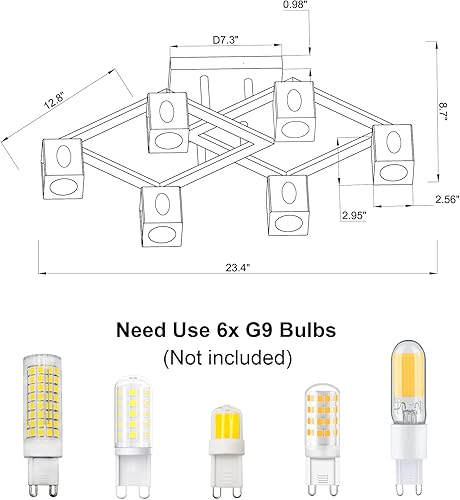 Miniatura 9 de AMZASA Candelabro moderno de cristal, lámpara de techo semiempotrada dorada de latón antiguo, 6 luces geométricas para comedor, sala de estar,