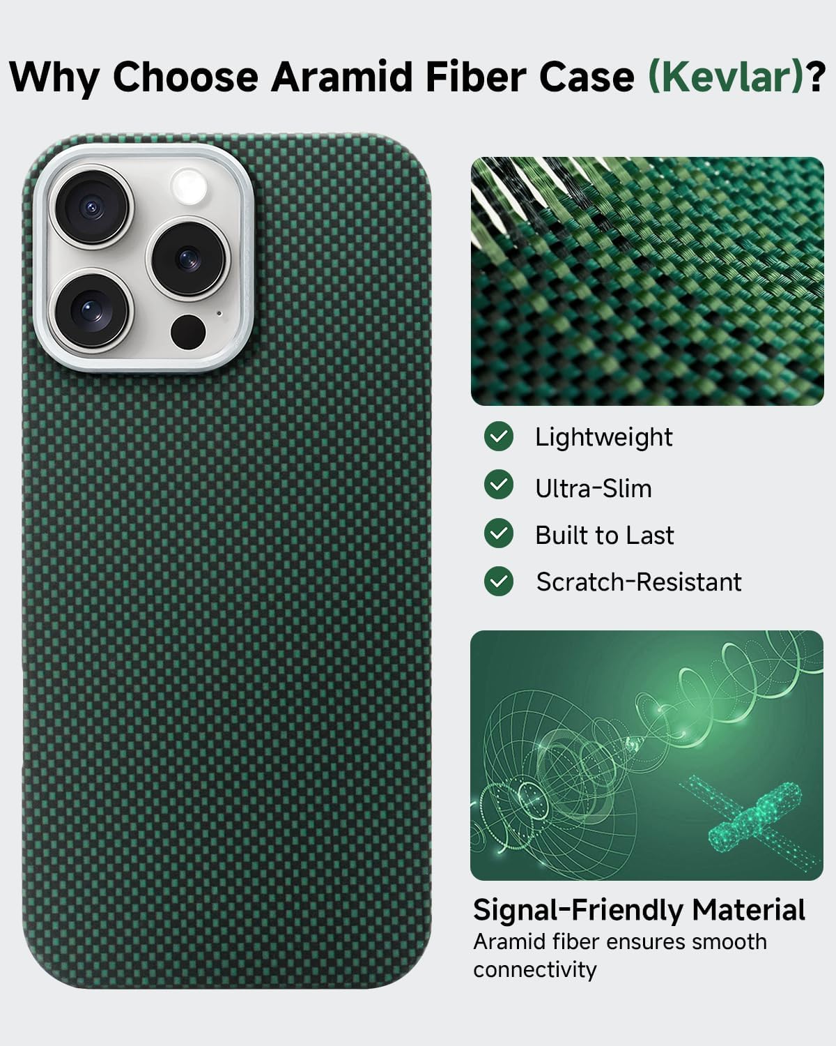 Aramid Fiber Case for iPhone 16 Pro Max Compatible with Magnetic iPhone 16 Pro Max Case,Ultra Slim & Lightwight,Kevlar Aramid Weave with Caseless Feel Green/Black