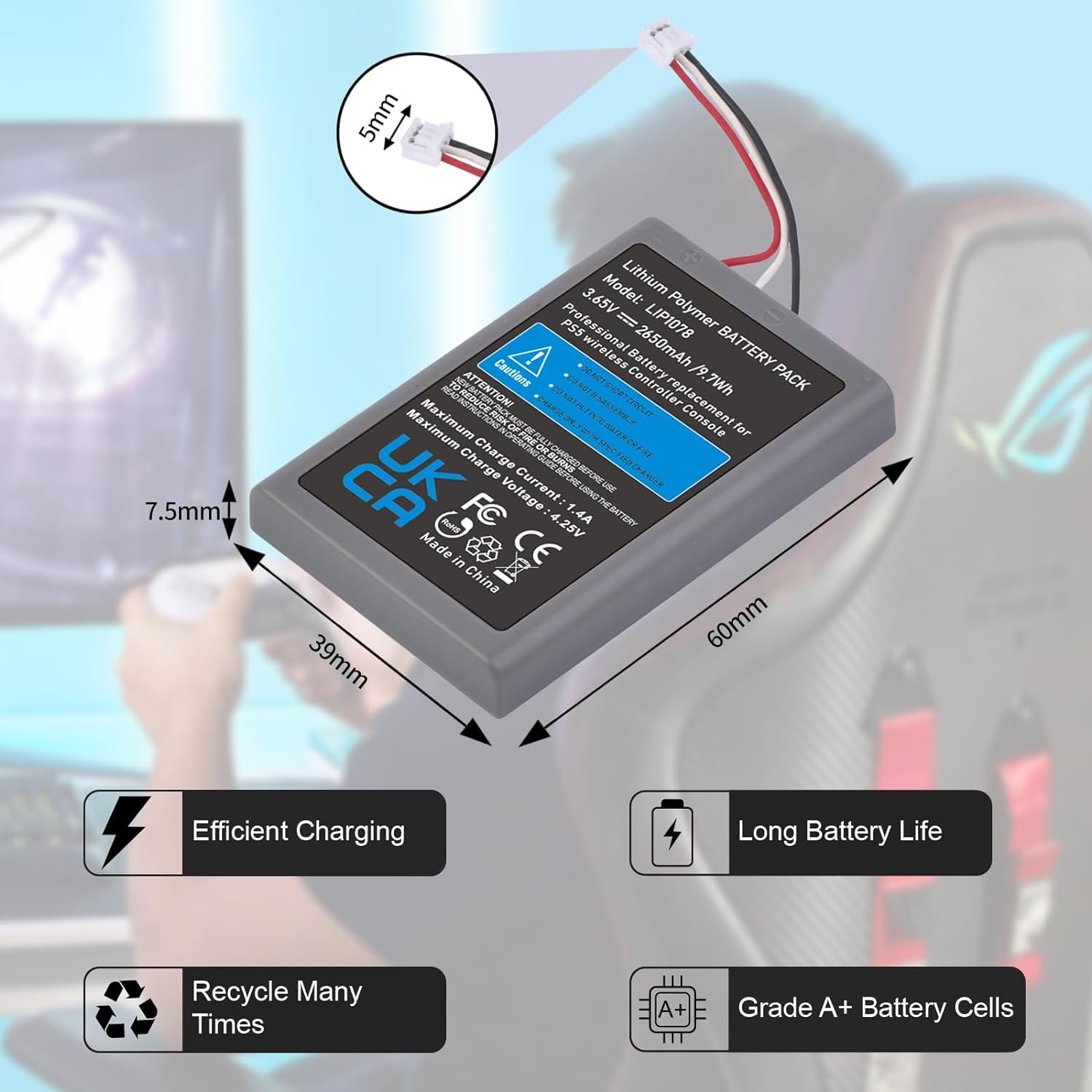 Pickle Power 2 X 2650mAh LIP1078 Batteria per Sony Playstation 5 DualSense CFI-ZCT1W Wireless Controller