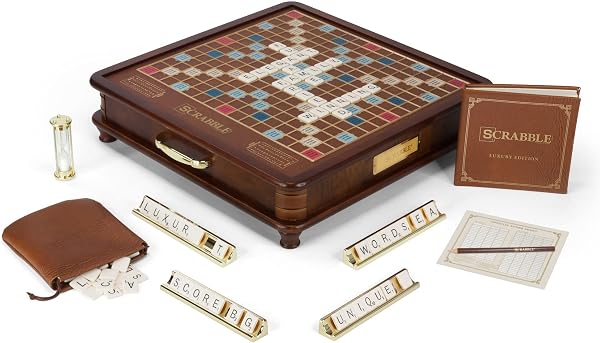 Scrabble Luxury Edition Board Game by WS Game Company with Rotating Wooden Game Board, Raised Tile Grid, and Integrated
