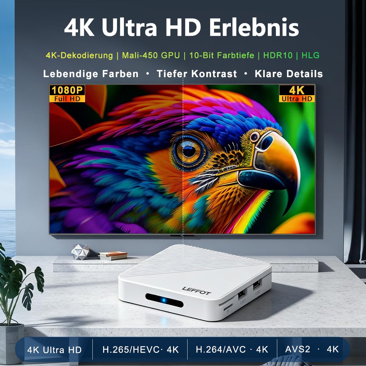 Android 14.0 TV Box 2026, LEFFOT 4K UHD TV Streaming Box, 2GB RAM 16GB ROM | IP-TV Box, Unterstützung Sprachsteuerung, 2.4G & 5G WiFi 6, BT 5.4, USB 3.0, 100M Ethernet, RK3518 Quad-Core A53
