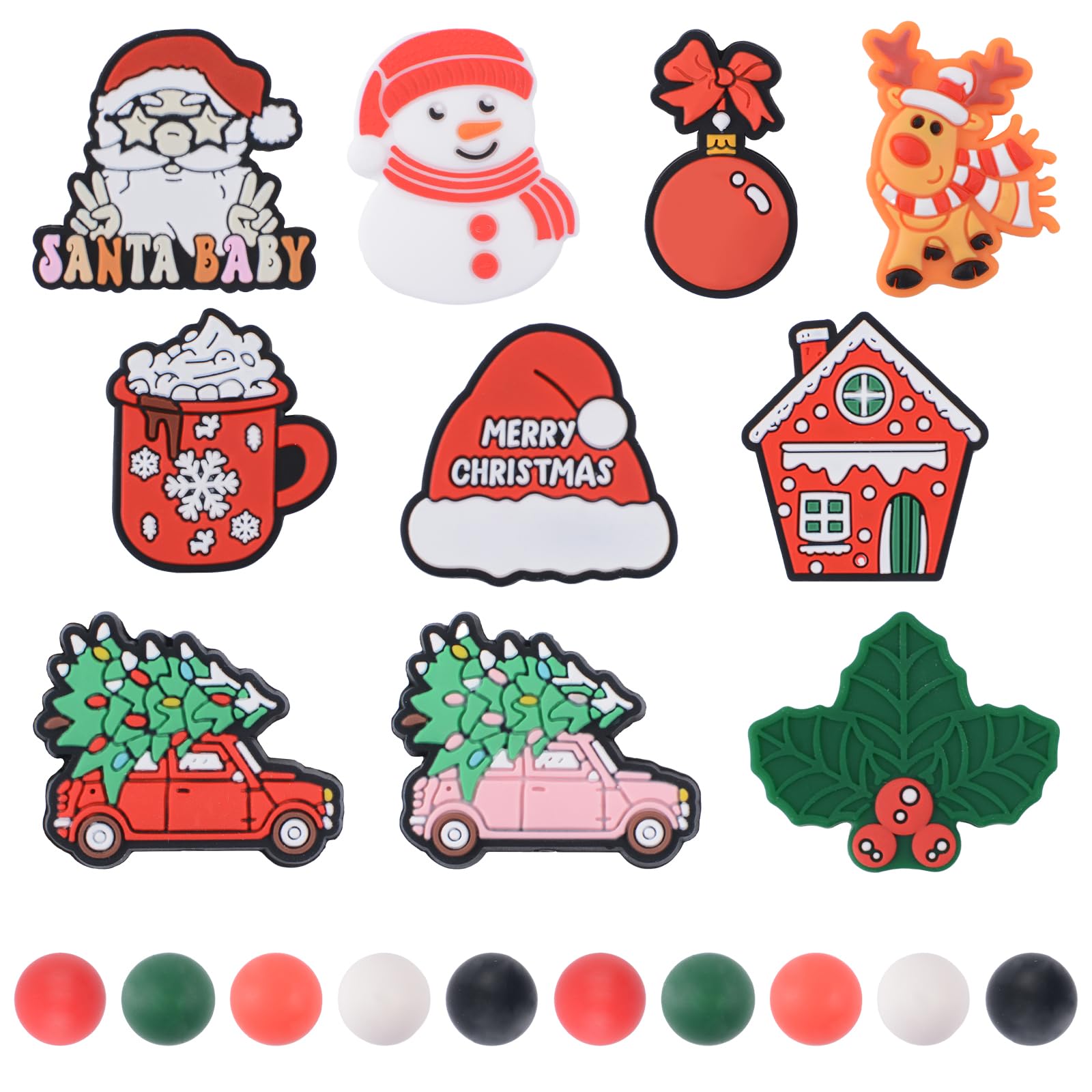 URROMA Christmas Silicone Beads, 20Pcs Irregular&Round Loose Beads with Santa Claus Snowman Shape Beads for Pen Lanyard Garland Making