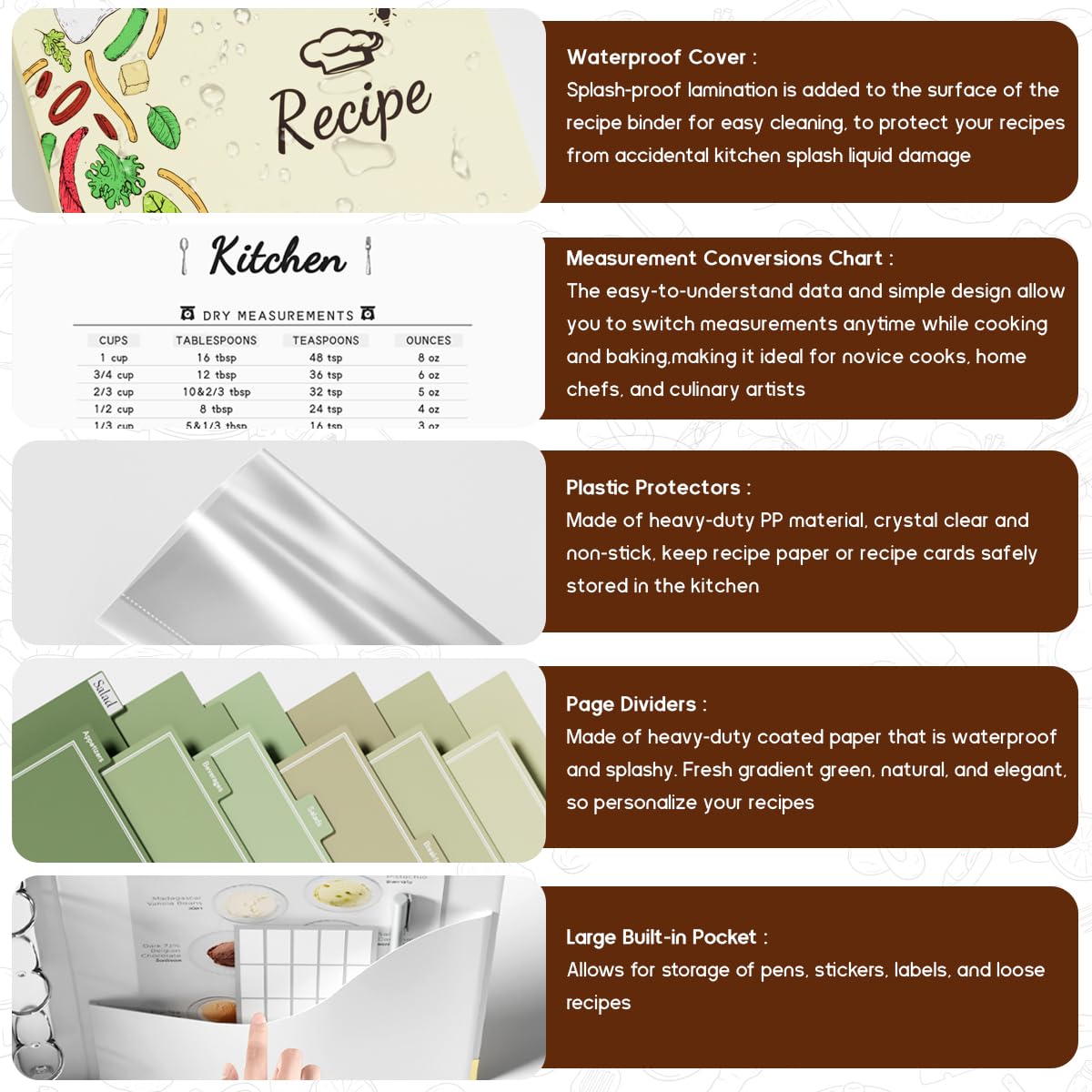 Recipe Binder 3 Ring Kit - 8.5x11 Full Page Recipe book binder with plastic sleeves, 4x6 Cards, 12 Dividers, 25 Labels, and 1 Pen for Recipe Book to Write in Your Own Recipes, Waterproof Cover Design - Image 5