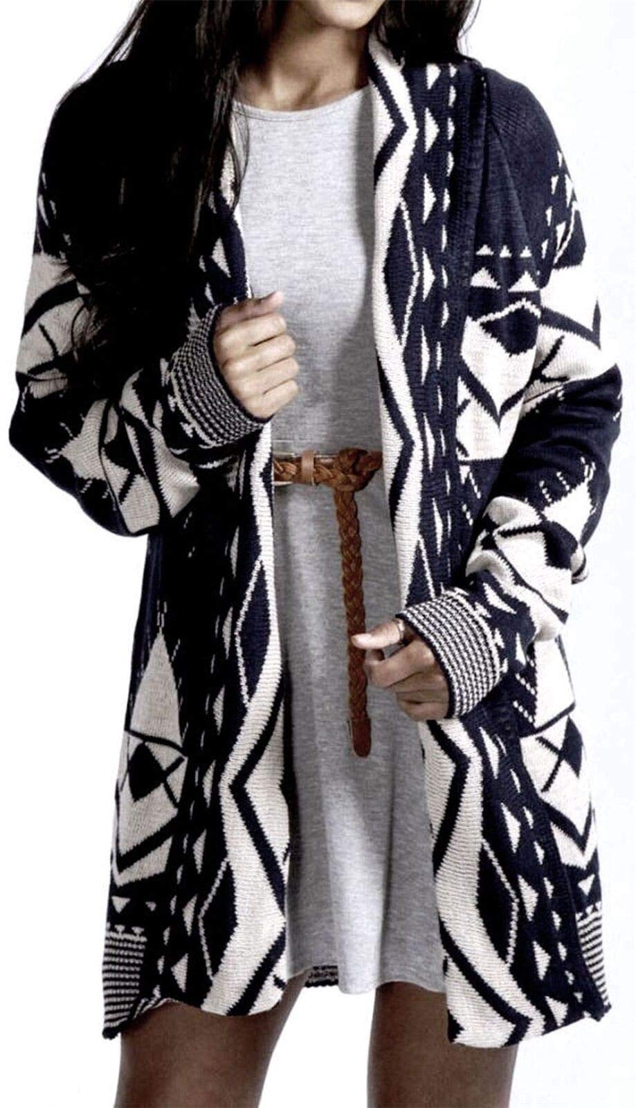 Girlzwalk Women's Aztec Tribal Print Outwear Sweater Ladies Knitted Boyfriend Cardigan, Navy Blue & White, M