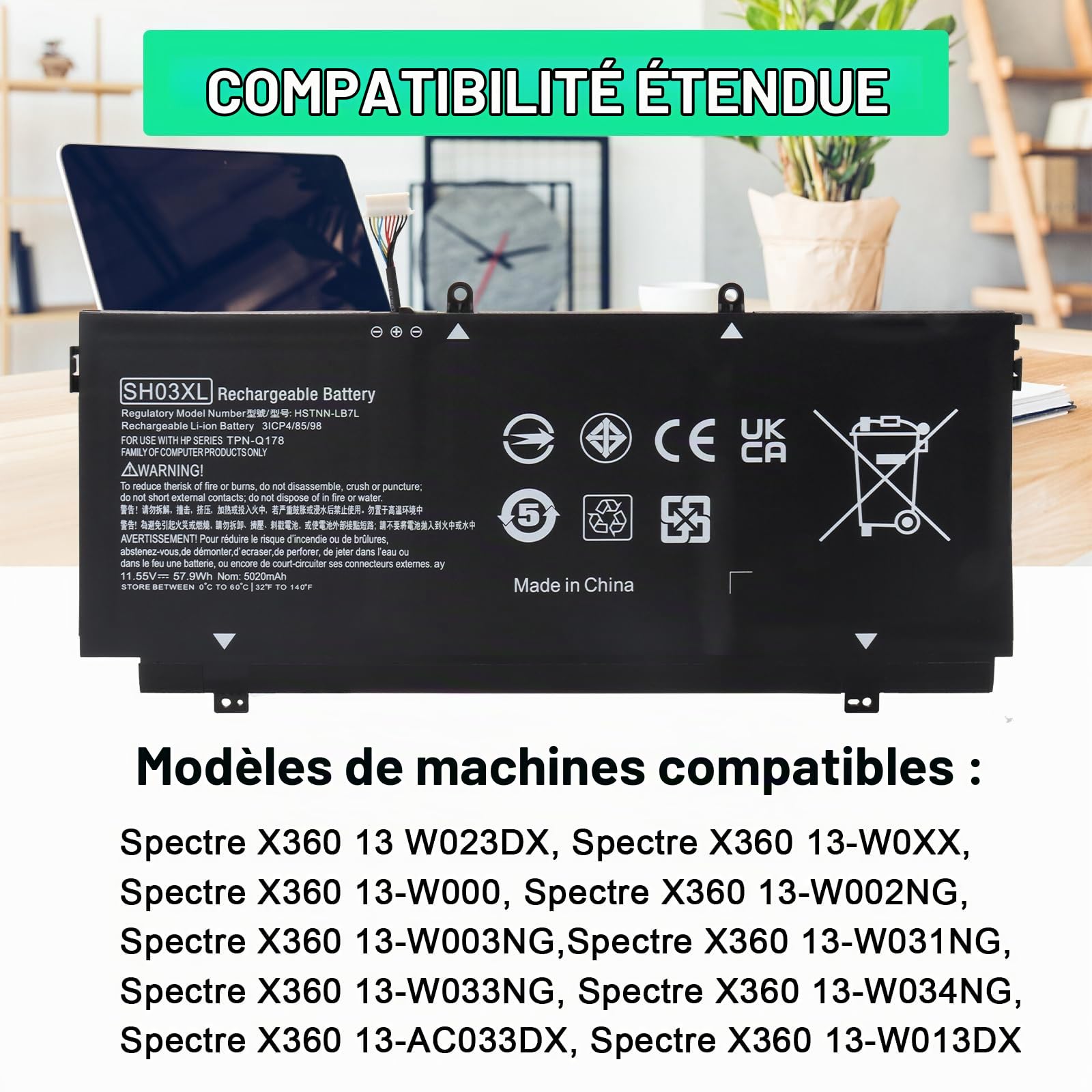 SH03XL Batterie pour HP Spectre X360 13-AC0XX 13-AC033DX 13-AC023DX 13-AC052NA 13-W0XX 13-W063NR 13-W013DX 13T-AB000 HSTNN-LB7L L11421-542 859026-421 CN03XL [11.55V/57.9Wh]