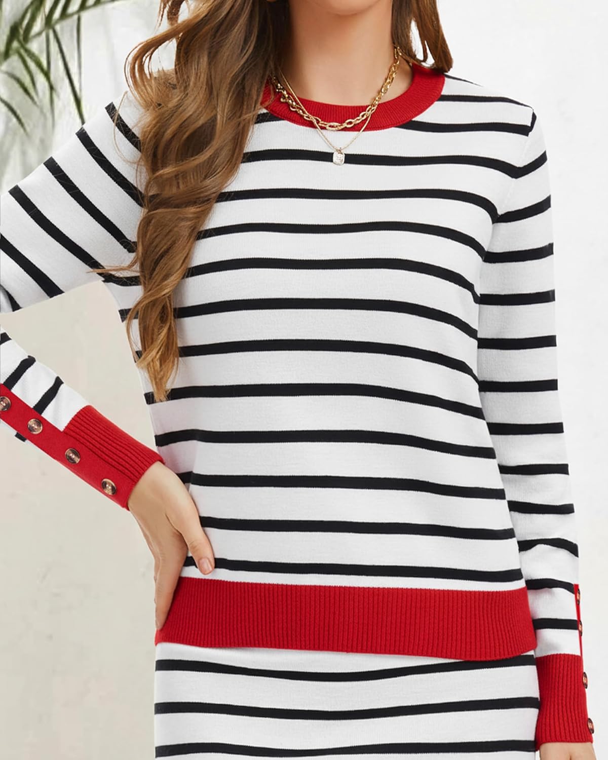 Simlakey Women's 2 Piece Skirt Sets Striped Long Sleeve Sweater and Skirt Fall Sweater Dress Knit Lounge Travel Outfits - Image 2