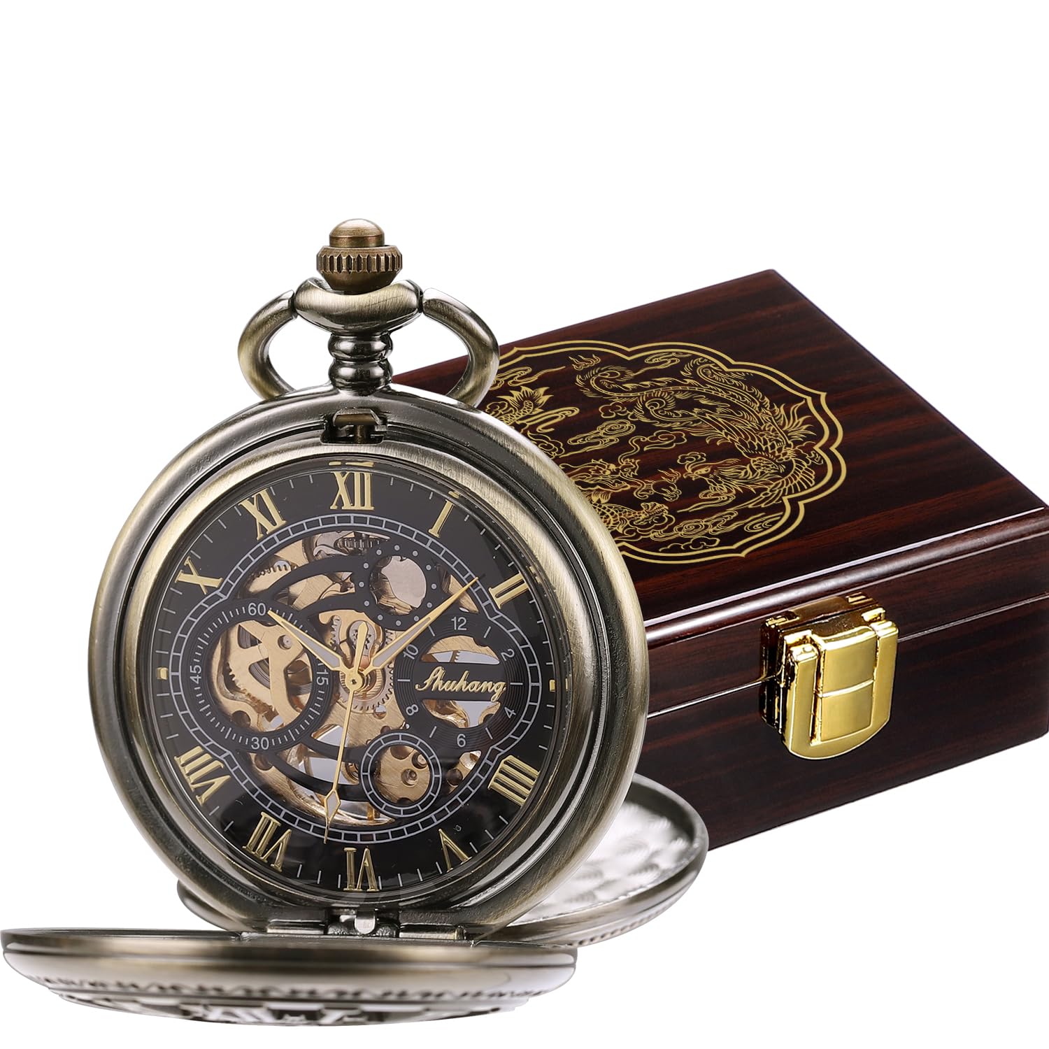 SIBOSUN Pocket Watch Skeleton Mechanical Double Case Hand-Wind Roman Numerals Antique Chain Mens